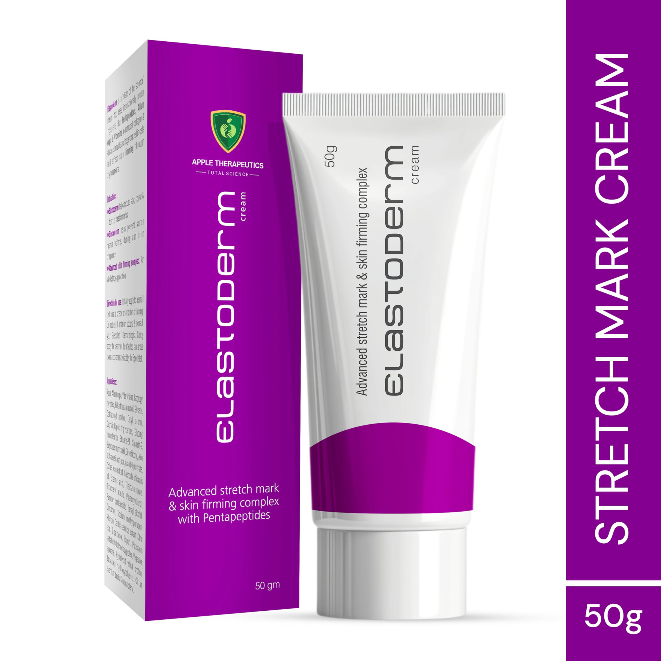 APPLE THERAPEUTICS Elastoderm Stretch Marks Cream - Reduce Pregnancy & Postpartum Stretch Marks & Scars | Dermatologist-Tested for All Skin Types | Peptides & Vitamins Enriched | 50g | Perfect for Daily Skincare Routine & Post-Pregnancy Care