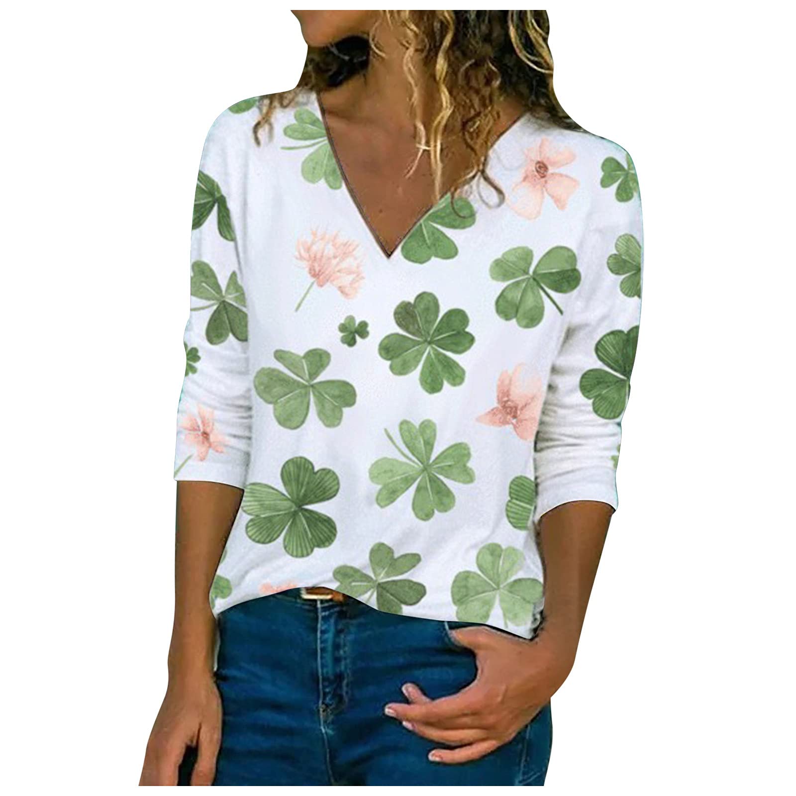 Women's Floral Printed V-Neck 3/4 Sleeve T-Shirt - Casual Loose Fit Pullover Top for Everyday Wear, Work & Outings