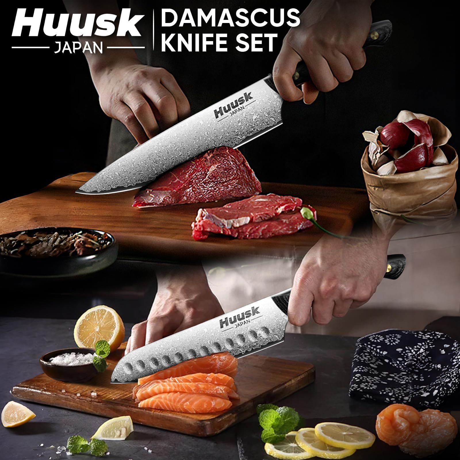 Premium Huusk Damascus Chef Knife Set 3-Piece - VG10 Santoku Knife, Utility Knife & Paring Knife with Ebony Handle - Professional Japanese Steel Kitchen Knives for Meat, Vegetables, Fruits - Perfect Gift for Dad, Mom & Home Chefs - Ideal for Cooking, Slicing, Dicing & Food Prep