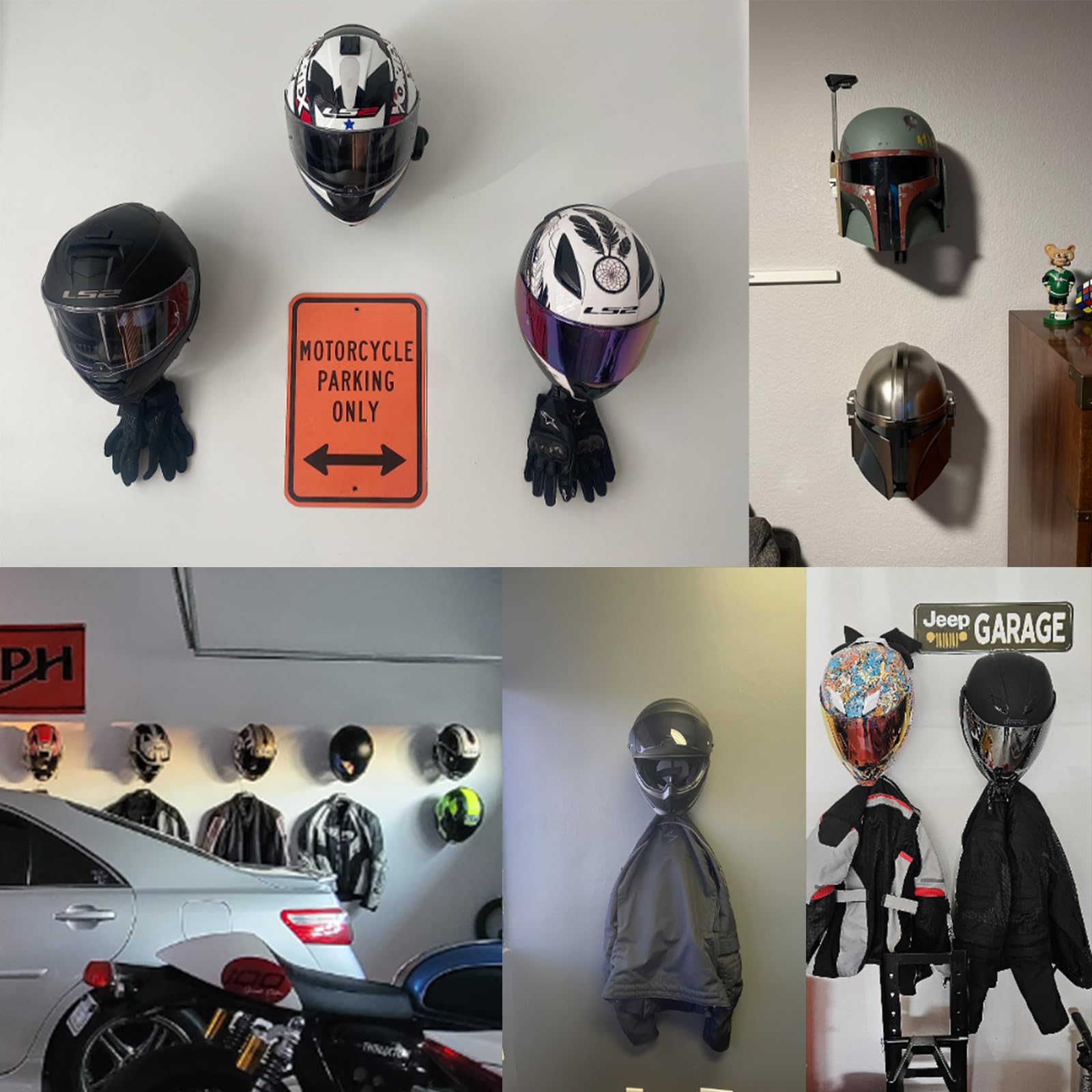 Motorcycle Helmet Holder Wall Mount - 4 Pack with 2 Hooks for Bike, Coats & Sports Gear - Perfect for Garage Storage