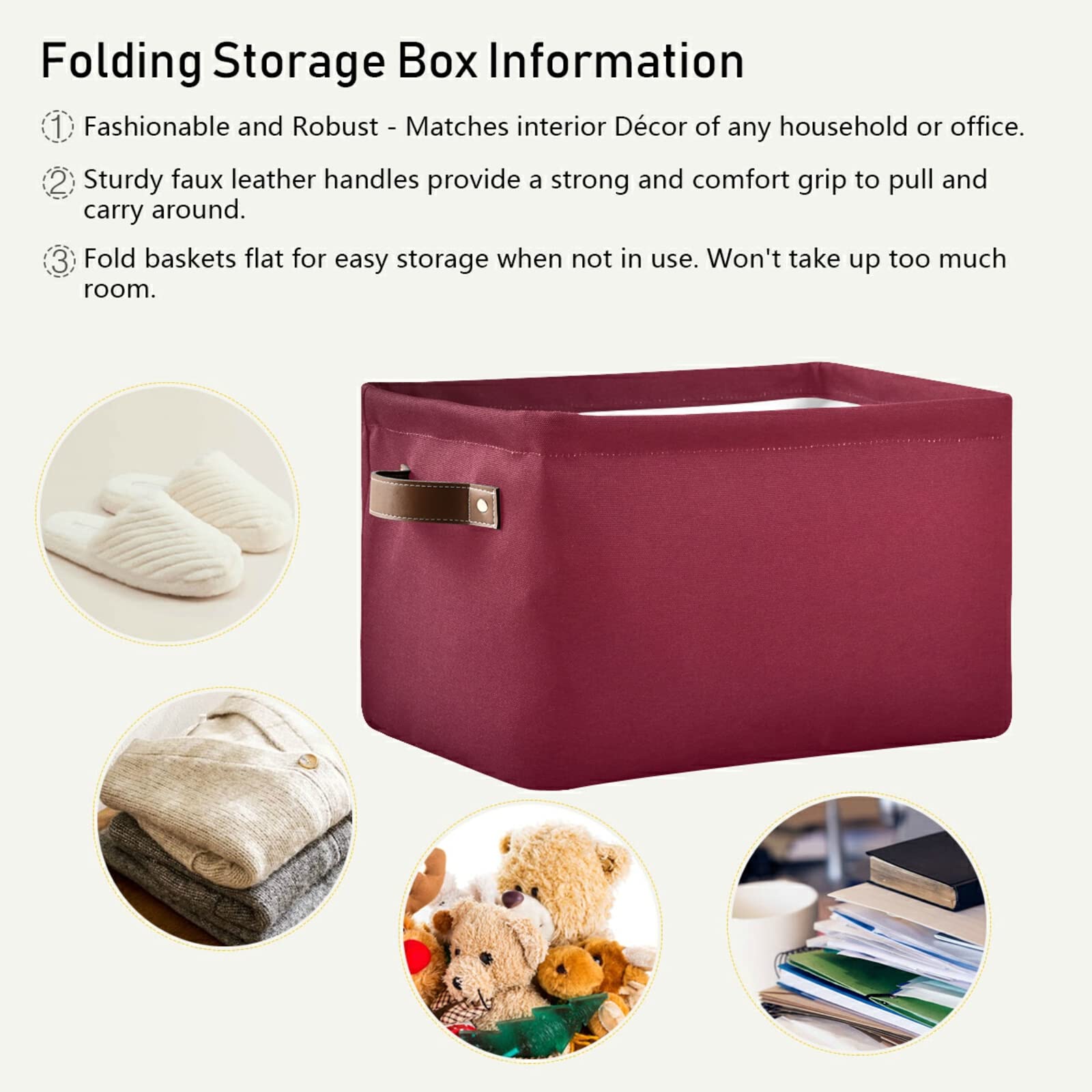 Burgundy Red Foldable Storage Baskets (2-Pack) - Waterproof Collapsible Fabric Storage Bins with Handles for Shelves, Closet, Nursery & Home Organization | Sturdy Canvas Storage Cubes for Bedroom, Bathroom & Office Use