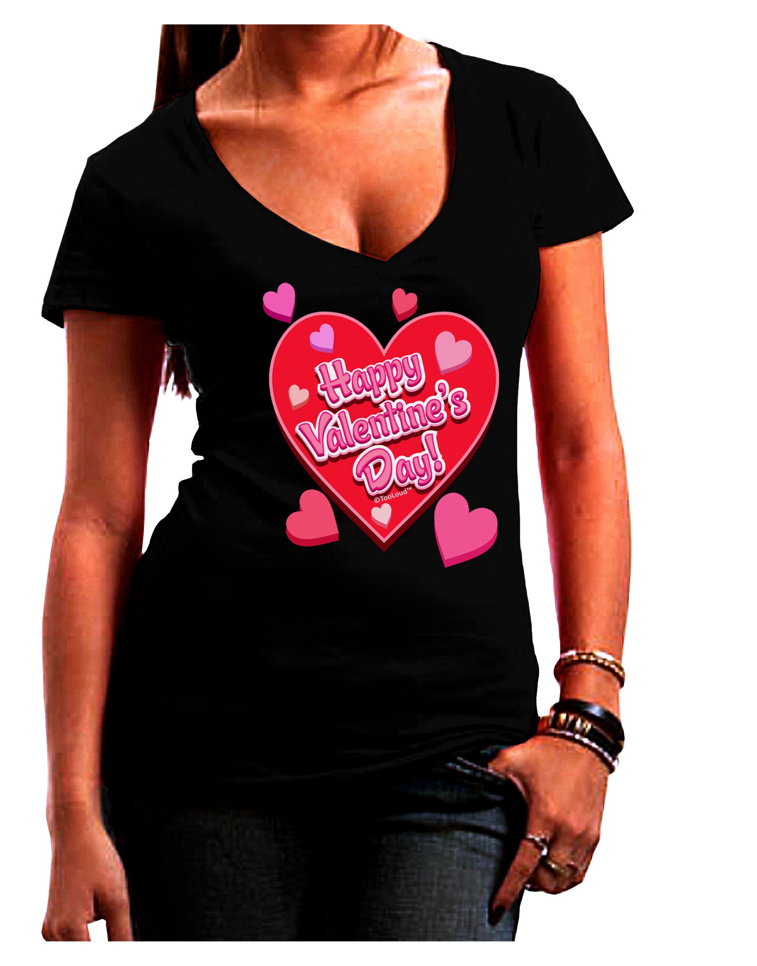 TOOLOUD Happy Valentine's Day Romantic Hearts Juniors V-Neck Dark T-Shirt - Cute Valentine's Gift for Teens, Date Night Outfit, Couple Matching Shirts