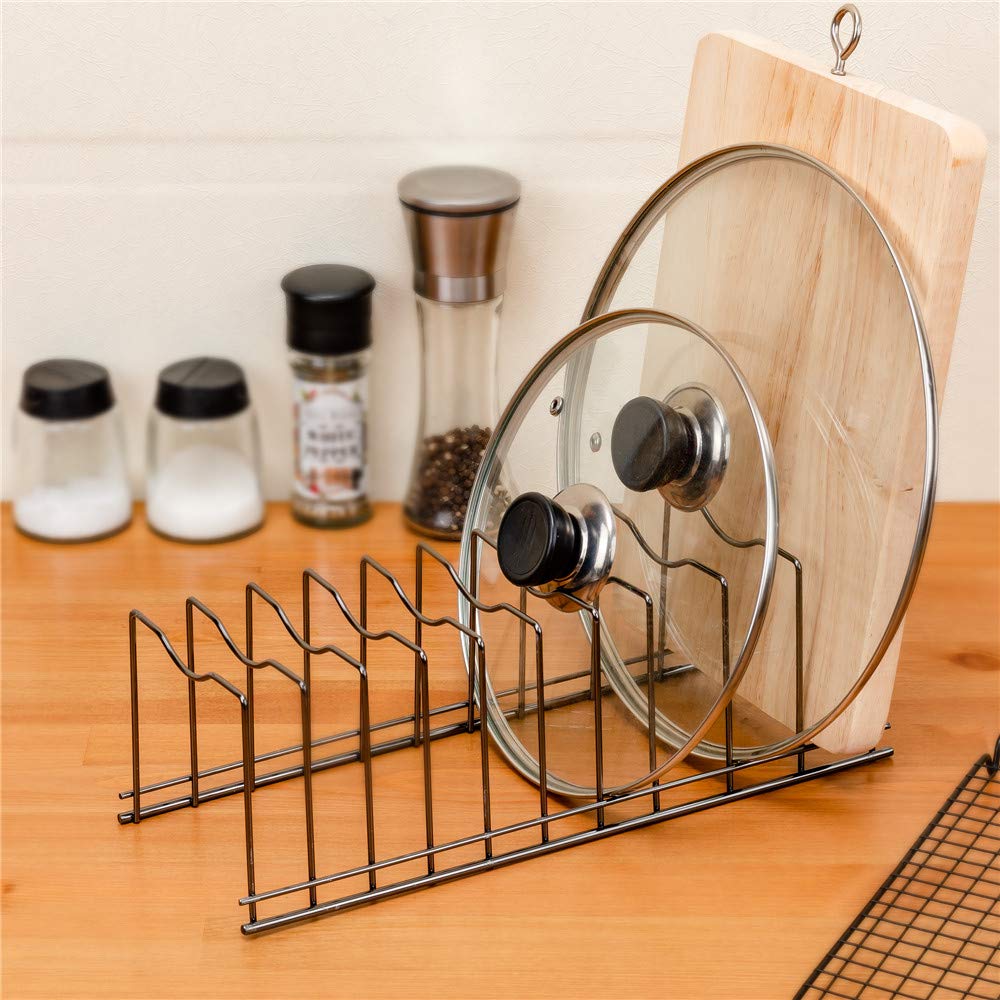 SANNO Stainless Steel Pot Lid Holder & Kitchen Organizer Rack for Plates, Cutting Boards, Bakeware, Cooling Trays - Black Nickel Finish | Space-Saving Storage for Cabinets & Countertops
