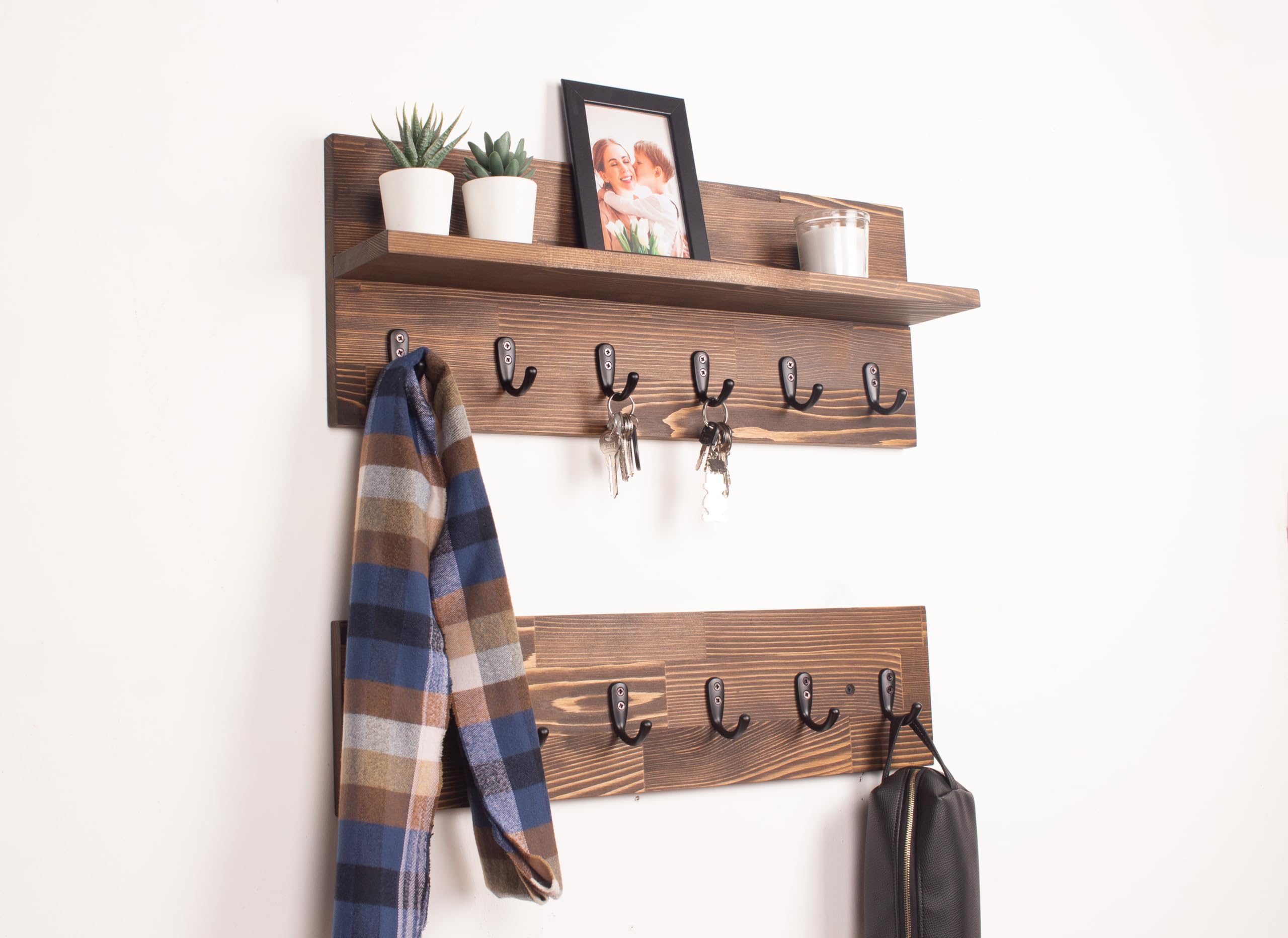 Wall Mounted Coat Rack with Floating Shelf - 24 Inch Rustic Wooden Entryway Organizer for Keys, Towels & Leashes (Set of 2 with 6 Hooks) - Perfect for Hallway, Mudroom & Bathroom Organization