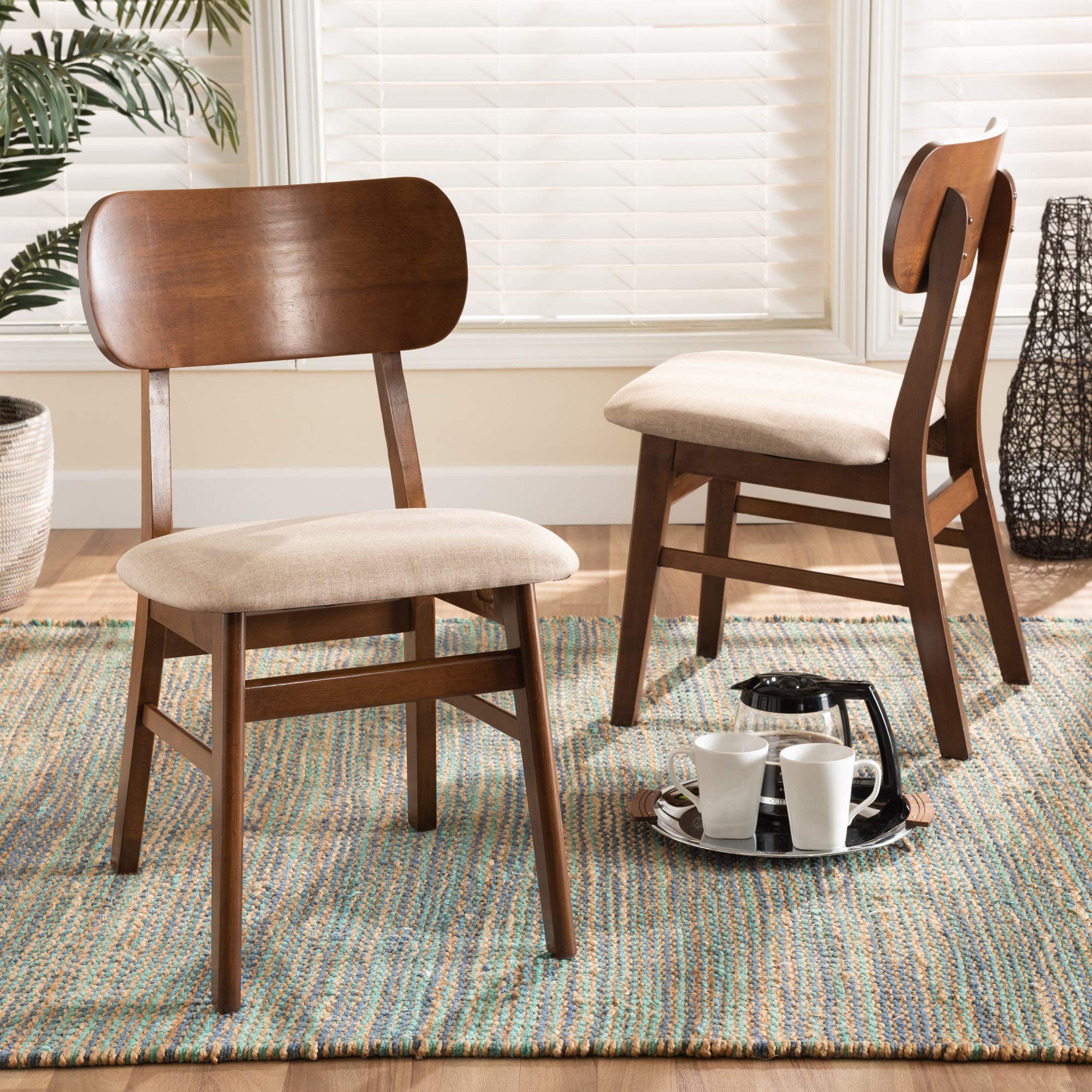 Baxton Studio Euclid 2-Piece Dining Chair Set - Sand Fabric Upholstered Seats with Walnut Brown Wood Frame - Modern Kitchen & Dining Room Furniture for Home Decor
