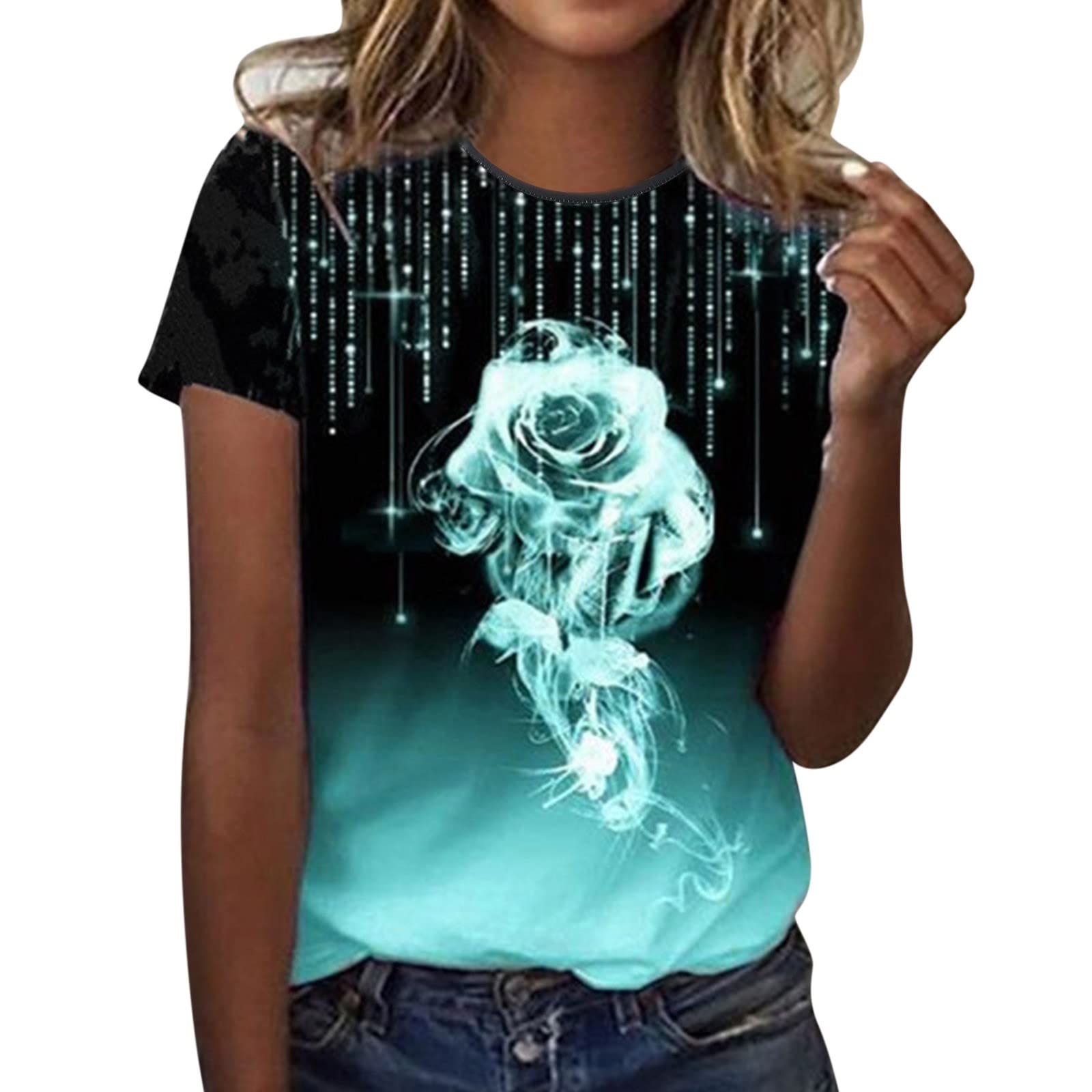 Women's Printed Rose Loose Fit Short Sleeve Round Neck T-Shirt - Casual Pullover Top for Summer Outings & Weekend Wear