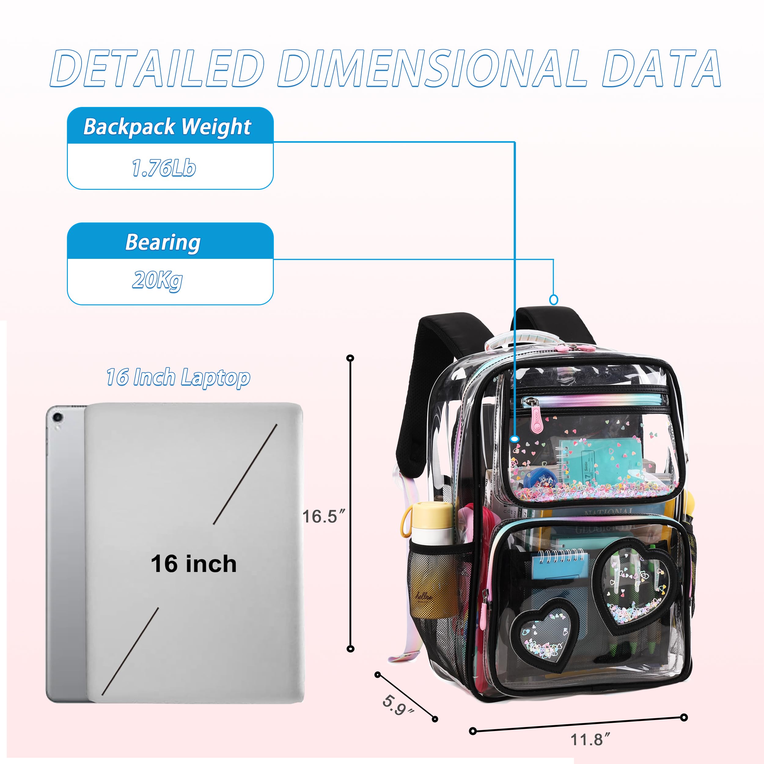 Caoroky Knight Clear Stadium Backpack - Heavy Duty TPU Transparent Bookbag for Women, Girls & Kids - Perfect for School, Travel, Concerts & Events (Black)