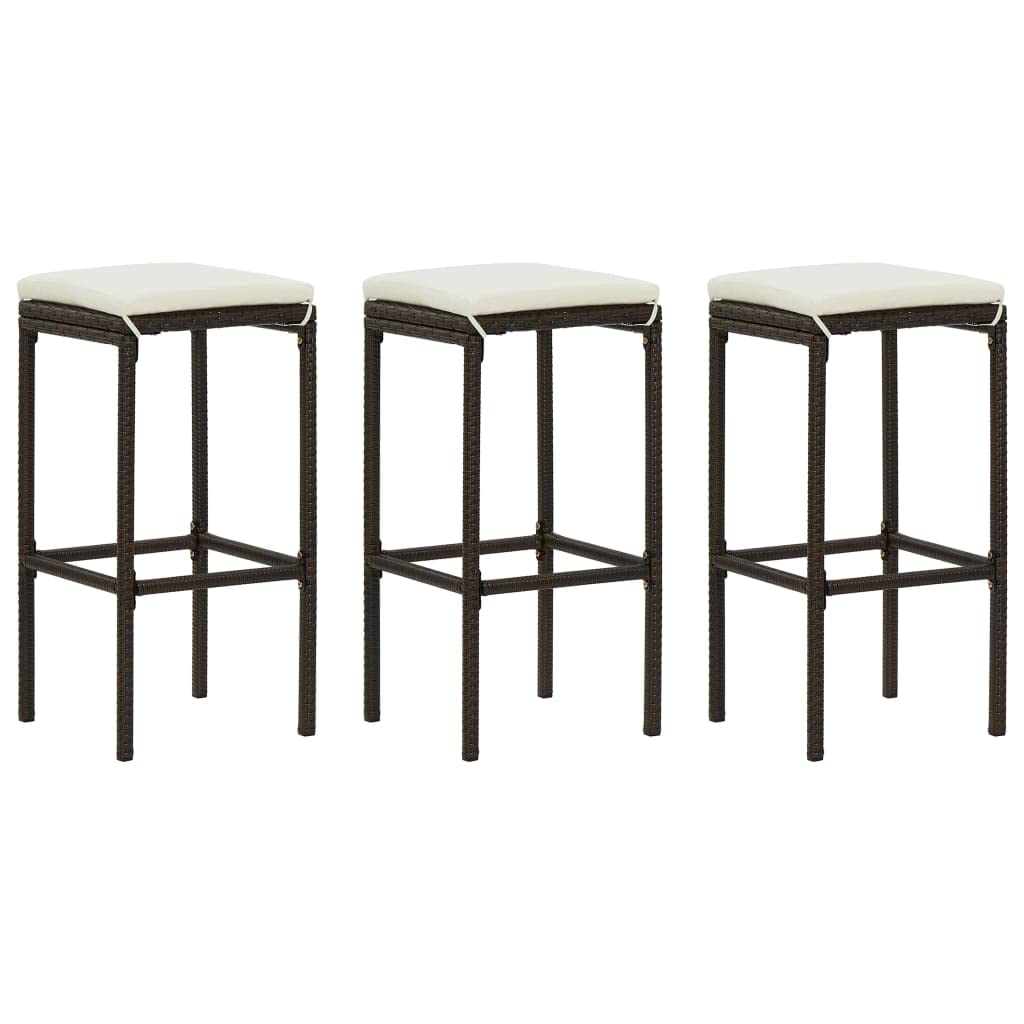 SKM 3-Piece Brown Poly Rattan Bar Stools with Cushions - Comfortable Counter Height Stools for Kitchen Island, Breakfast Nook & Outdoor Patio
