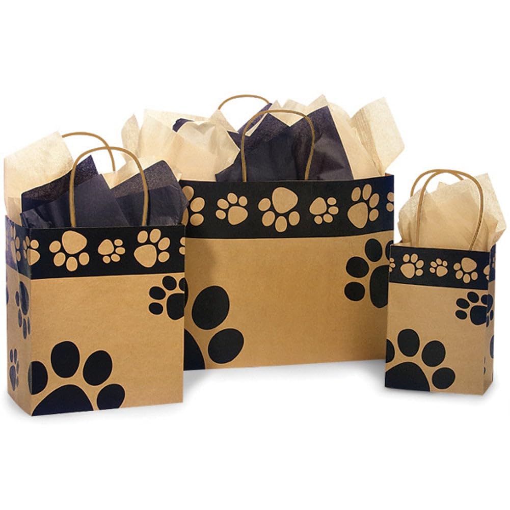 Eco-Friendly NW Paw Print Kraft Paper Shopping Bags - 3 Size Variety Pack (125 Count) - Perfect for Retail Stores, Pet Shops & Gift Packaging