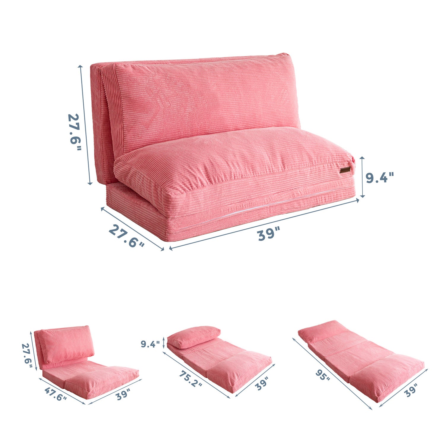 MAXYOYO Corduroy Bean Bag Sofa Bed - 4-Folding Floor Lounger in Pink | Comfortable Convertible Chair for Living Room, Bedroom & Dorm | Perfect for Relaxing, Gaming & Movie Nights