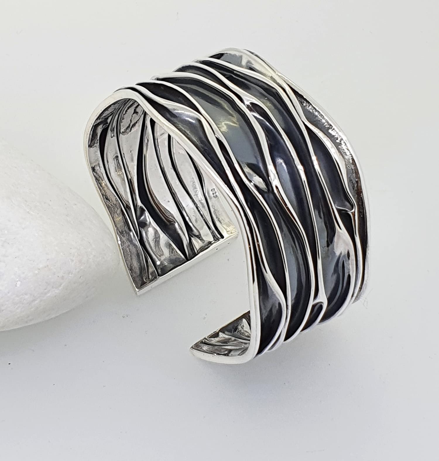 925 Sterling Silver Crushed Statement Cuff Bangle Bracelet for Women & Girls - Elegant 30mm Wide Fashion Jewelry for Parties, Weddings & Everyday Wear