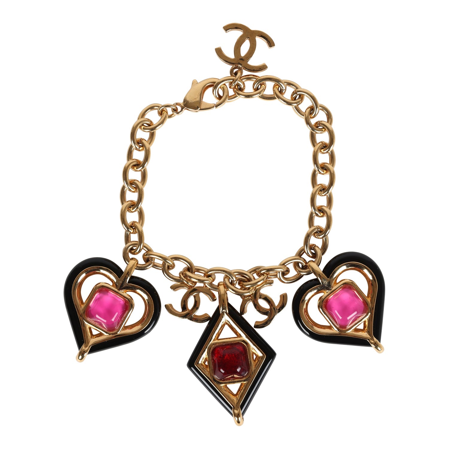 Chanel Hearts Charm Bracelet - Black & Pink Enamel with Gold Tone Gripoix Hardware | Elegant Fashion Jewelry for Women, Perfect for Date Night & Special Occasions