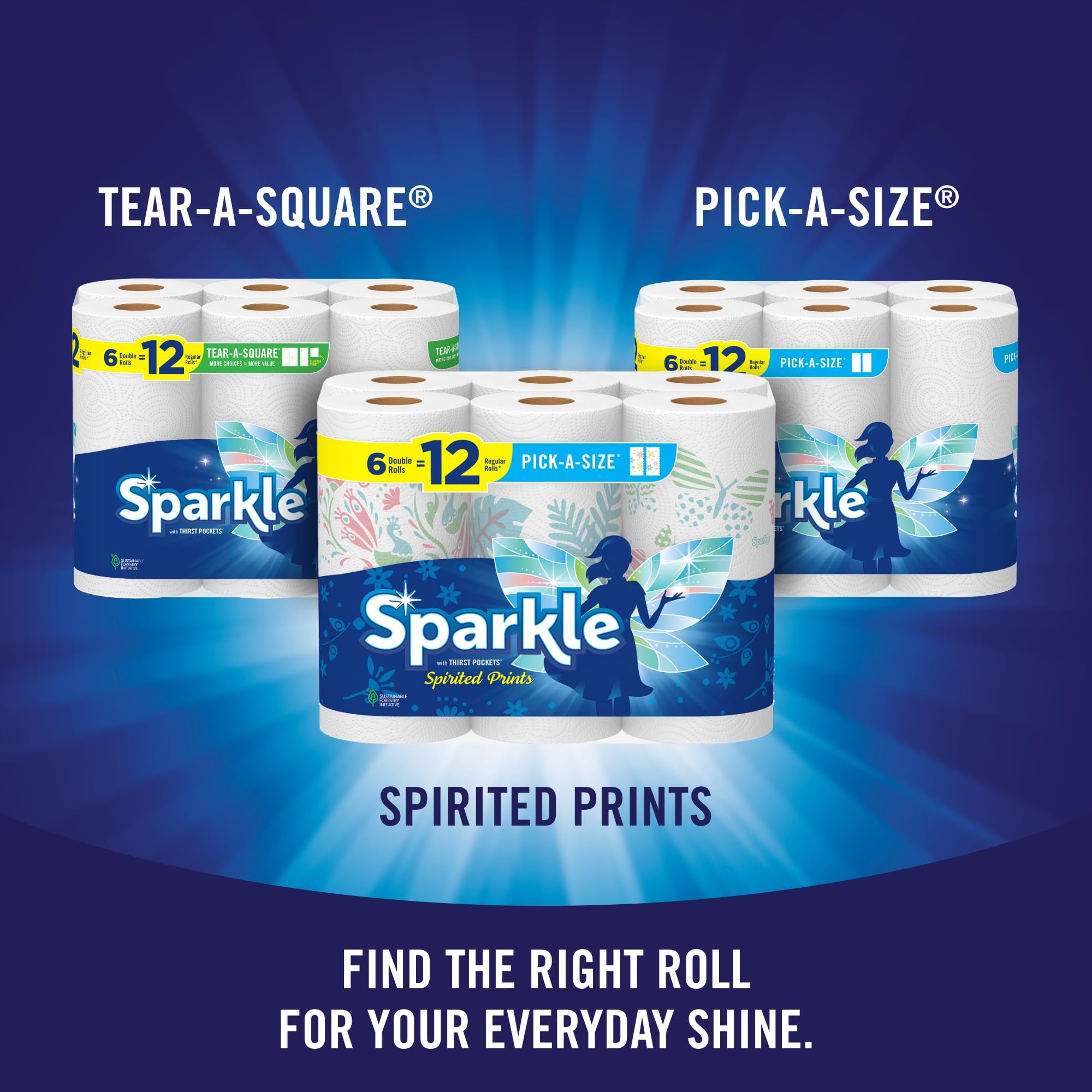 Sparkle Pick-A-Size Paper Towels | Spirited Prints | 6 Double Rolls (12 Regular Rolls) | Everyday Value with Full & Half Sheets | Perfect for Kitchen Cleaning, Spill Absorption & Household Use