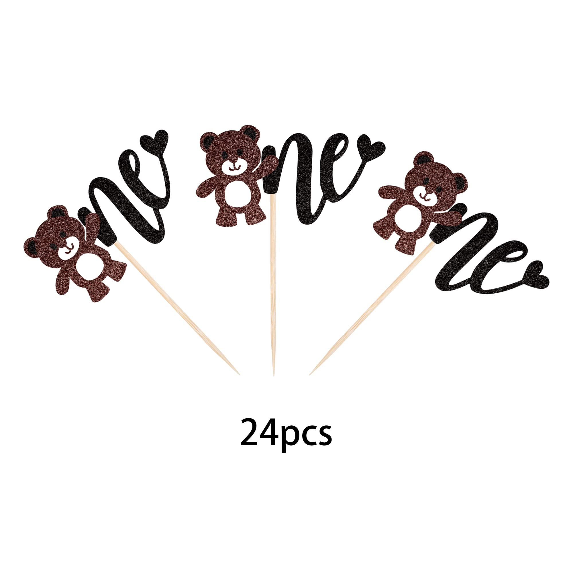 24 Pack Glitter Bear Cupcake Toppers - Baby First Birthday, Baby Shower Cake Decorations - 1st Birthday Party Supplies for Kids - Perfect for Birthday Cakes, Cupcakes, and Dessert Table Decorations