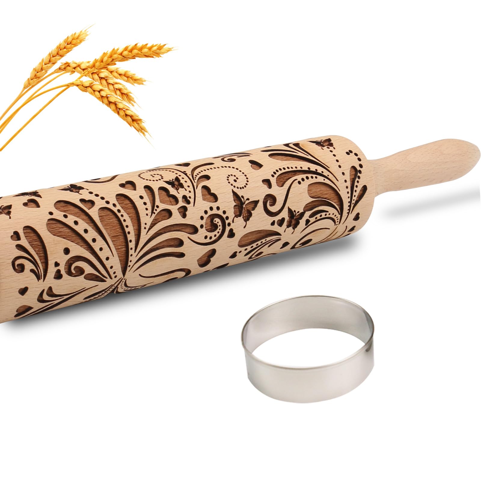 Wooden Embossed Rolling Pin for Baking Cookies - Floral Butterfly Flower Design - Perfect for Springerle, Dough, Clay Pottery & Christmas Cookies - Ideal for Home Bakers & Ceramic Artists