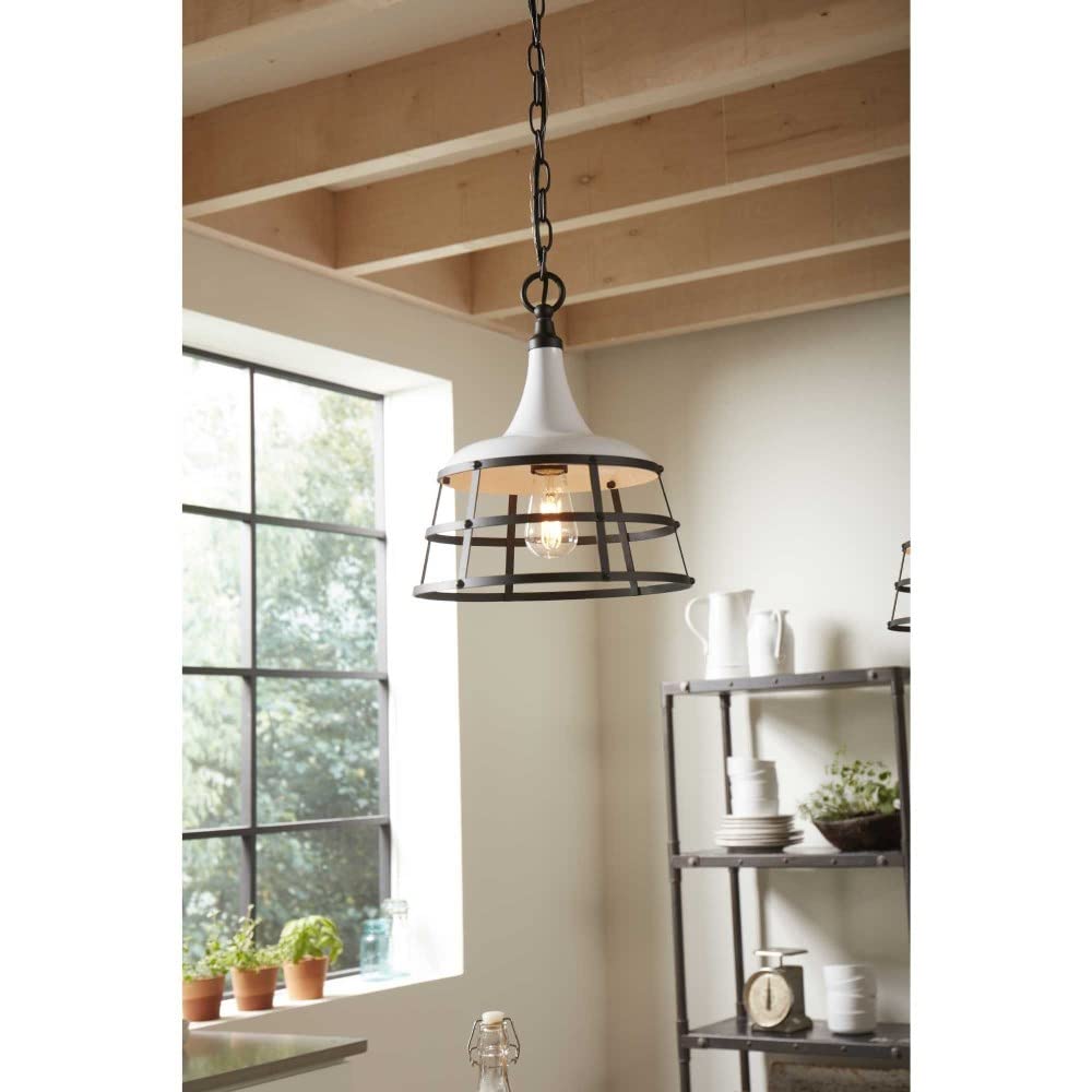 Progress Lighting Bastille Collection White One-Light Pendant - Modern Farmhouse Ceiling Light for Kitchen Island, Dining Room & Entryway