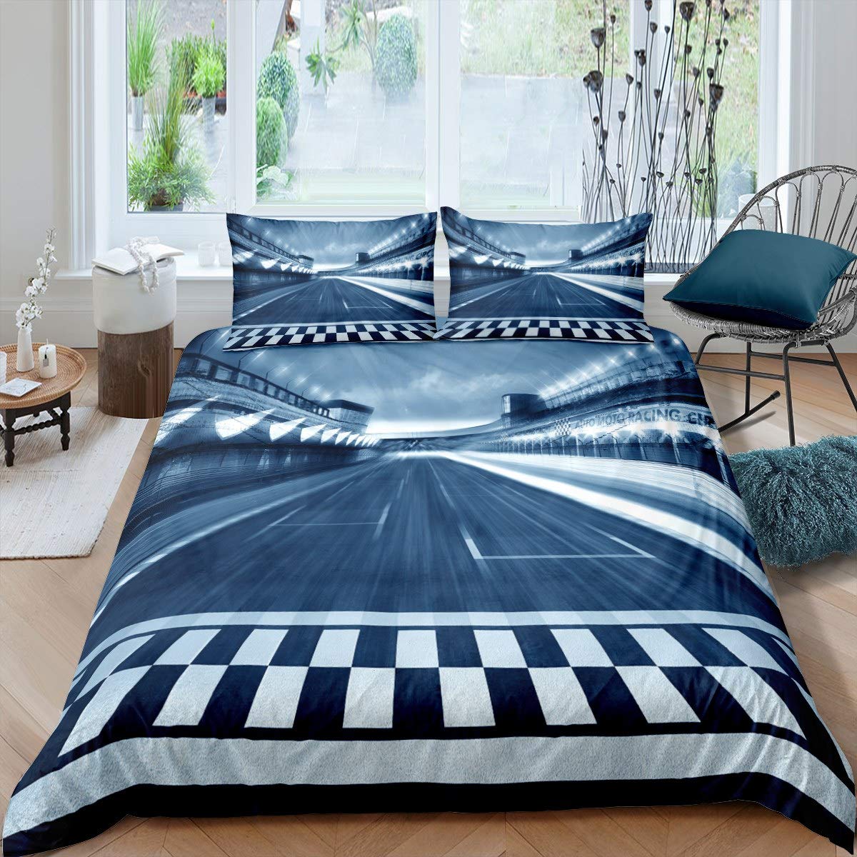 Feelyou Race Track Bedding Set - Twin Size Racing Car Duvet Cover for Kids & Teens | Extreme Sports Themed Comforter Cover with Geometric Grid Design | Perfect for Boys' Bedroom Decor, Speed Racing Competition Theme | 2-Piece Bedding Set for Twin Beds - Great for Birthday Gifts & Kids' Room Makeover