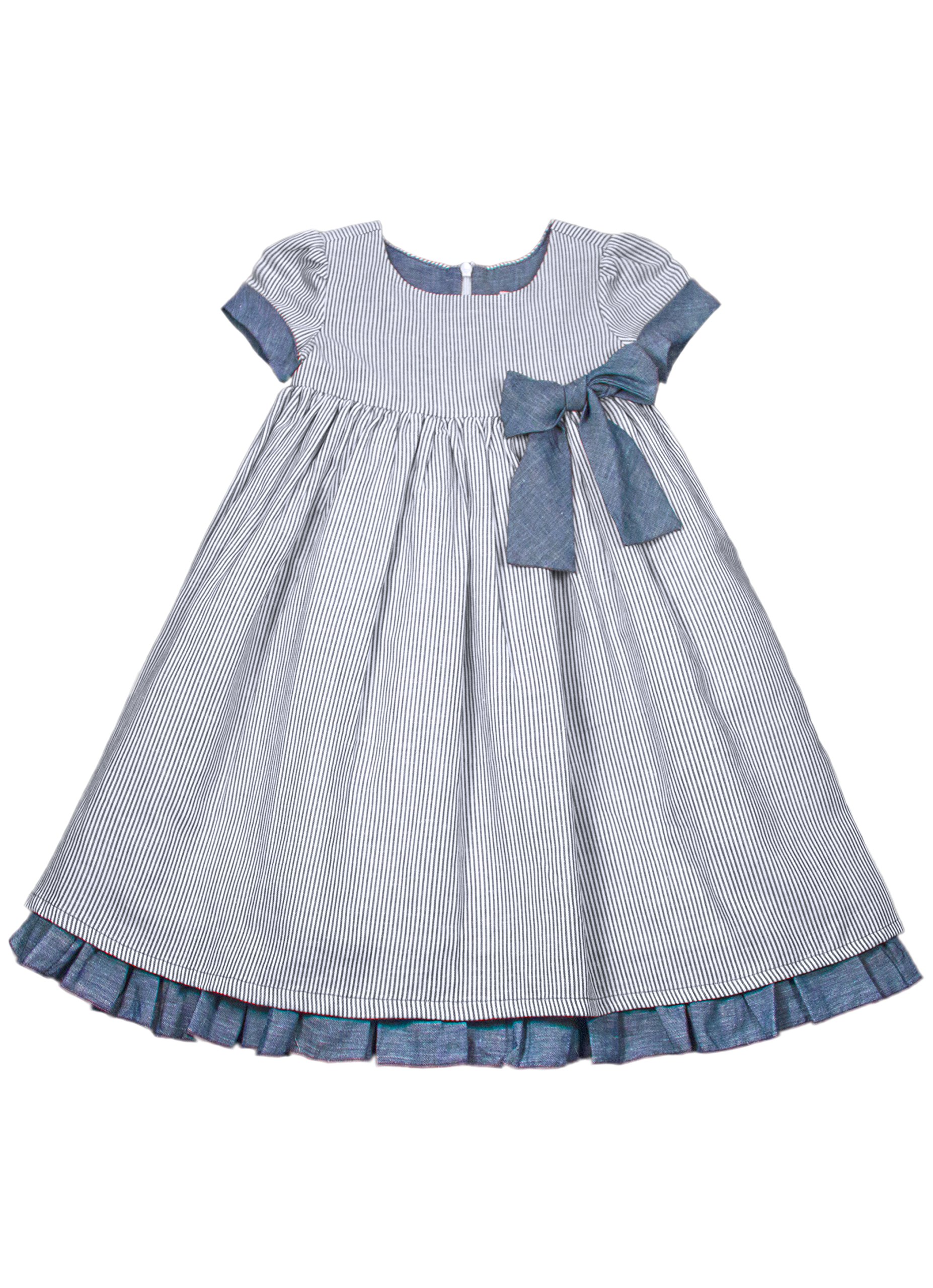 Navy Blue Striped Bow Party Dress for Girls - Cotton Linen Blend A-line Easter Dress for Special Occasions, Birthday Parties & Spring Celebrations