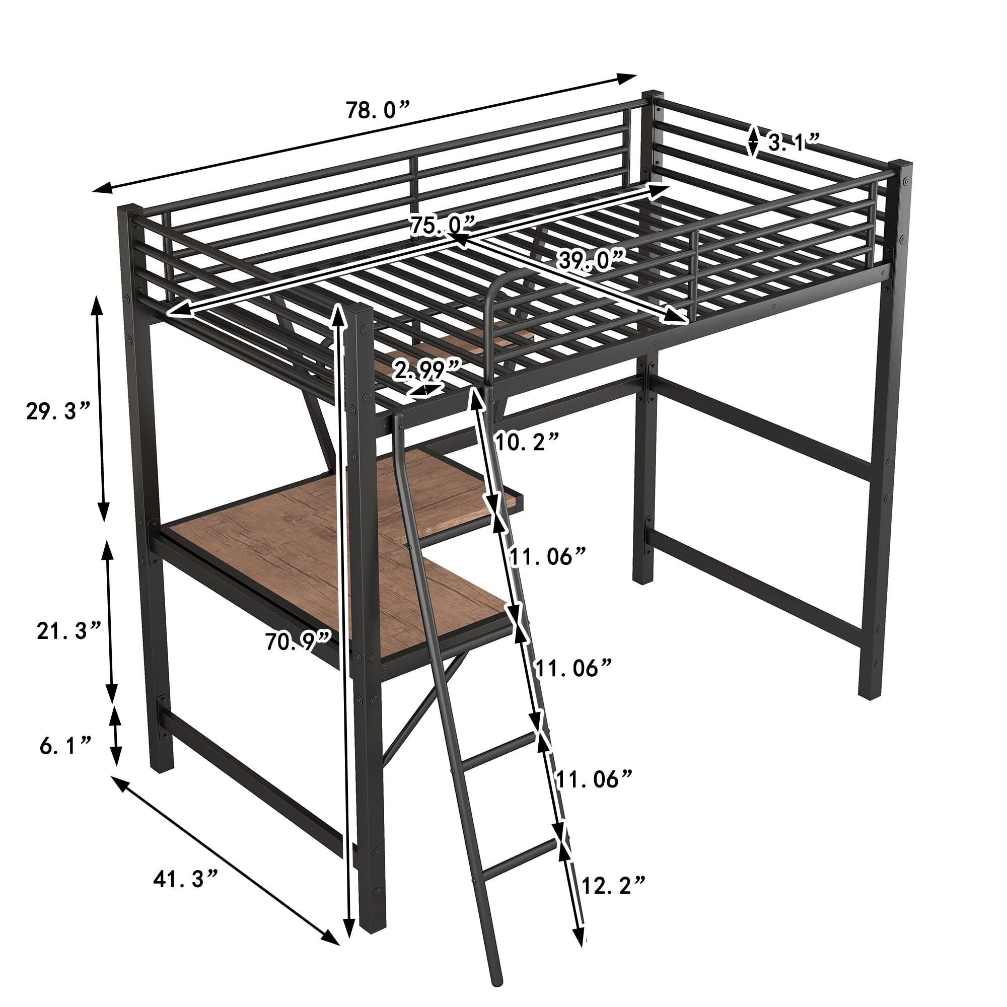 KLMM Modern Twin Size Loft Metal & MDF Bed with Built-in Desk and Shelves - Space Saving Study Bed for Teens & Adults - Perfect for Small Bedrooms, Dorm Rooms & Studio Apartments (Black)