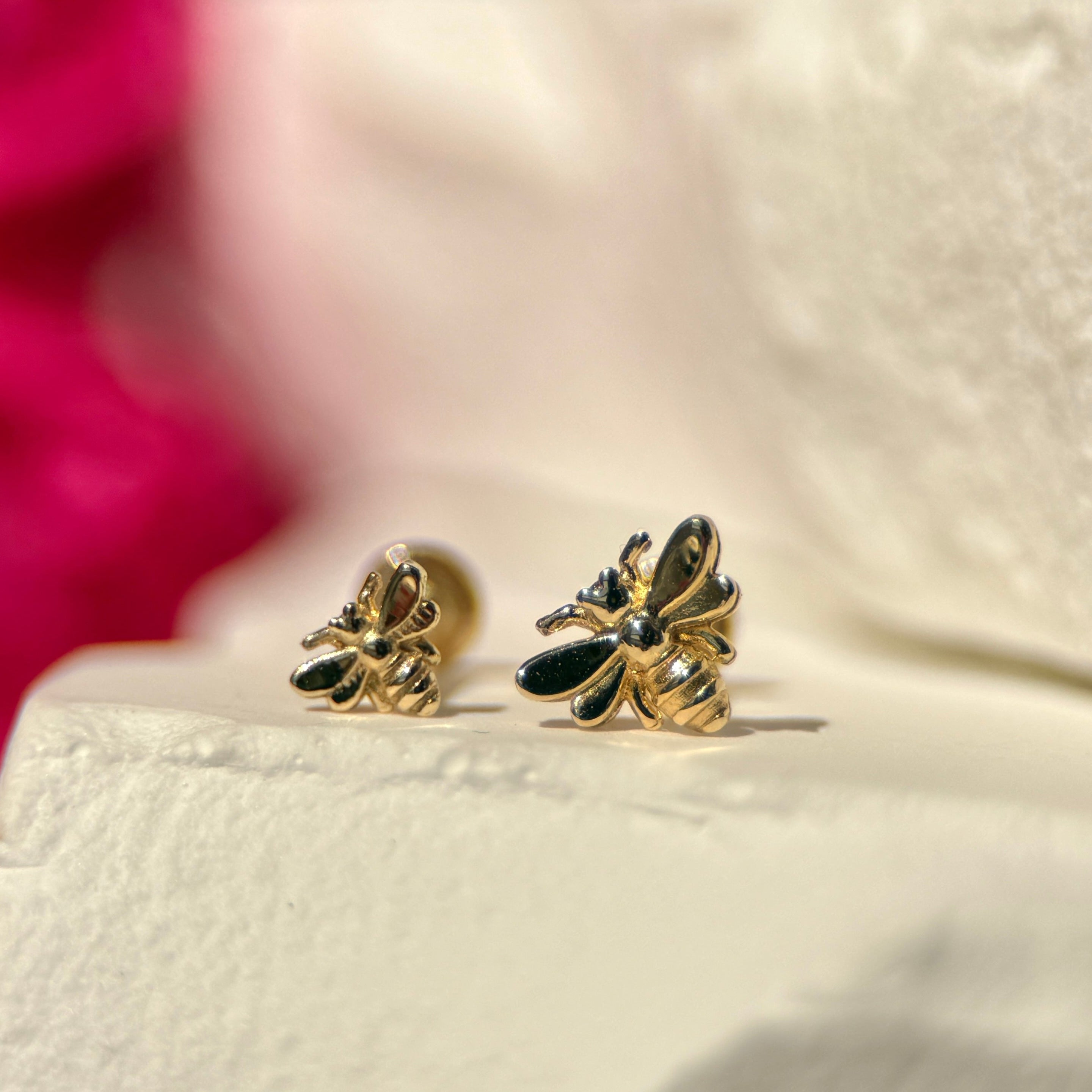 Minimalist Bee Flat Back Stud Earrings in Solid 14k Yellow Gold - Dainty Jewelry for Everyday Wear, Gifts & Special Occasions