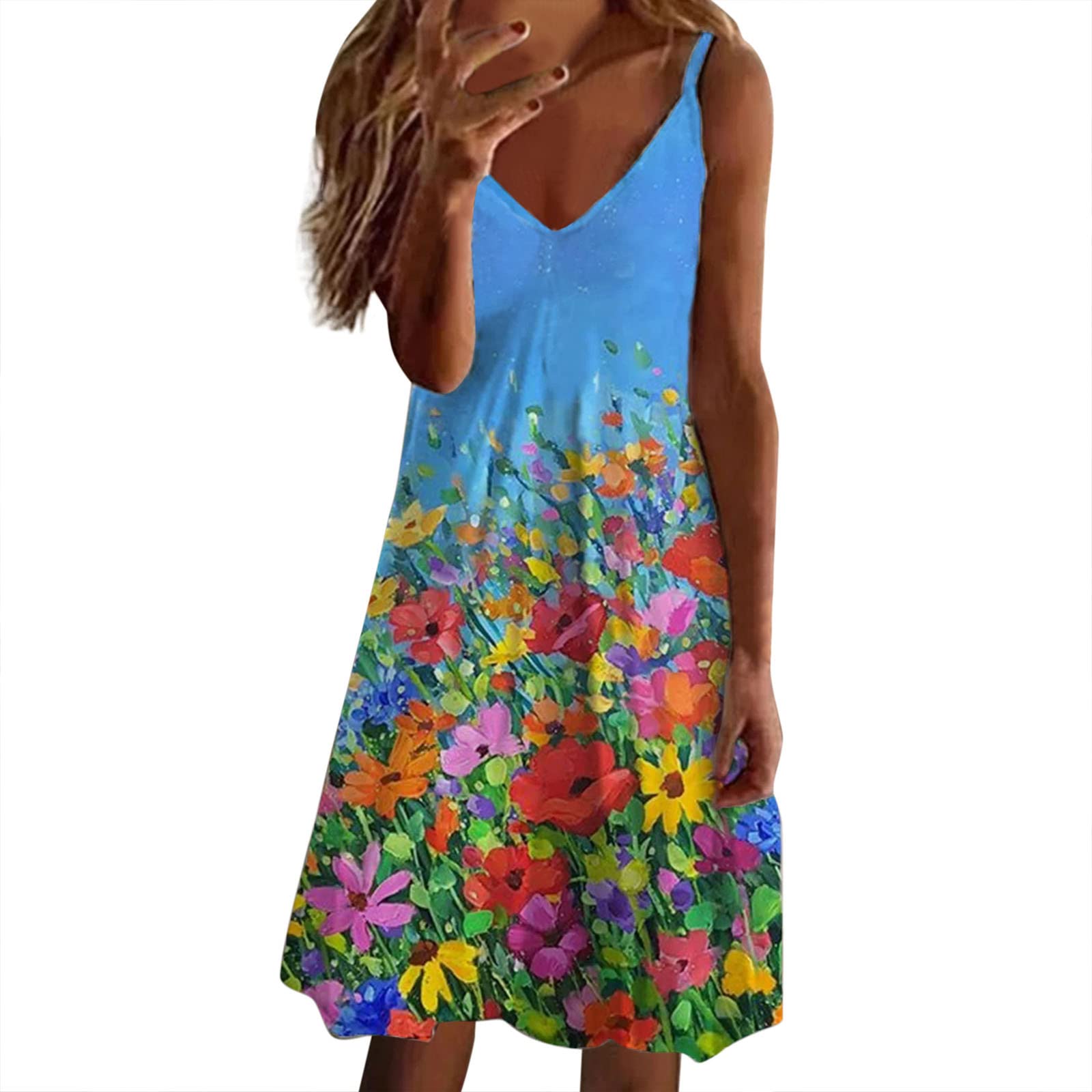 Women's Vintage Print Beach Dress - Sleeveless V-Neck Midi Casual Summer Dress (Blue, Size L) | Perfect for Vacations, Beach Outings & Summer Parties