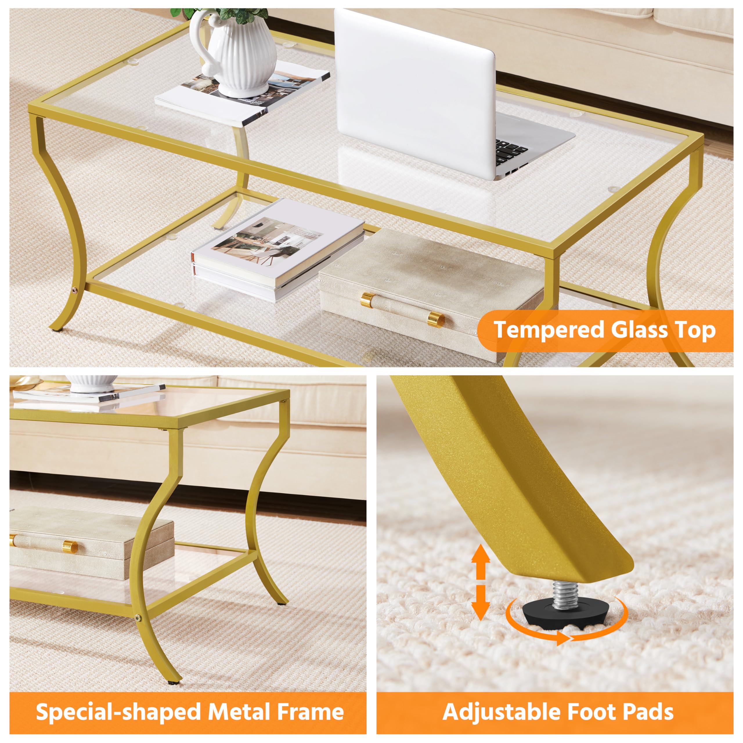 Yaheetech 2-Tier Modern Gold Coffee Table with Tempered Glass Top & Curved Metal Frame - Rectangular Living Room Center Table for Apartment, Lounge & Office - Easy Assembly Home Furniture Decor