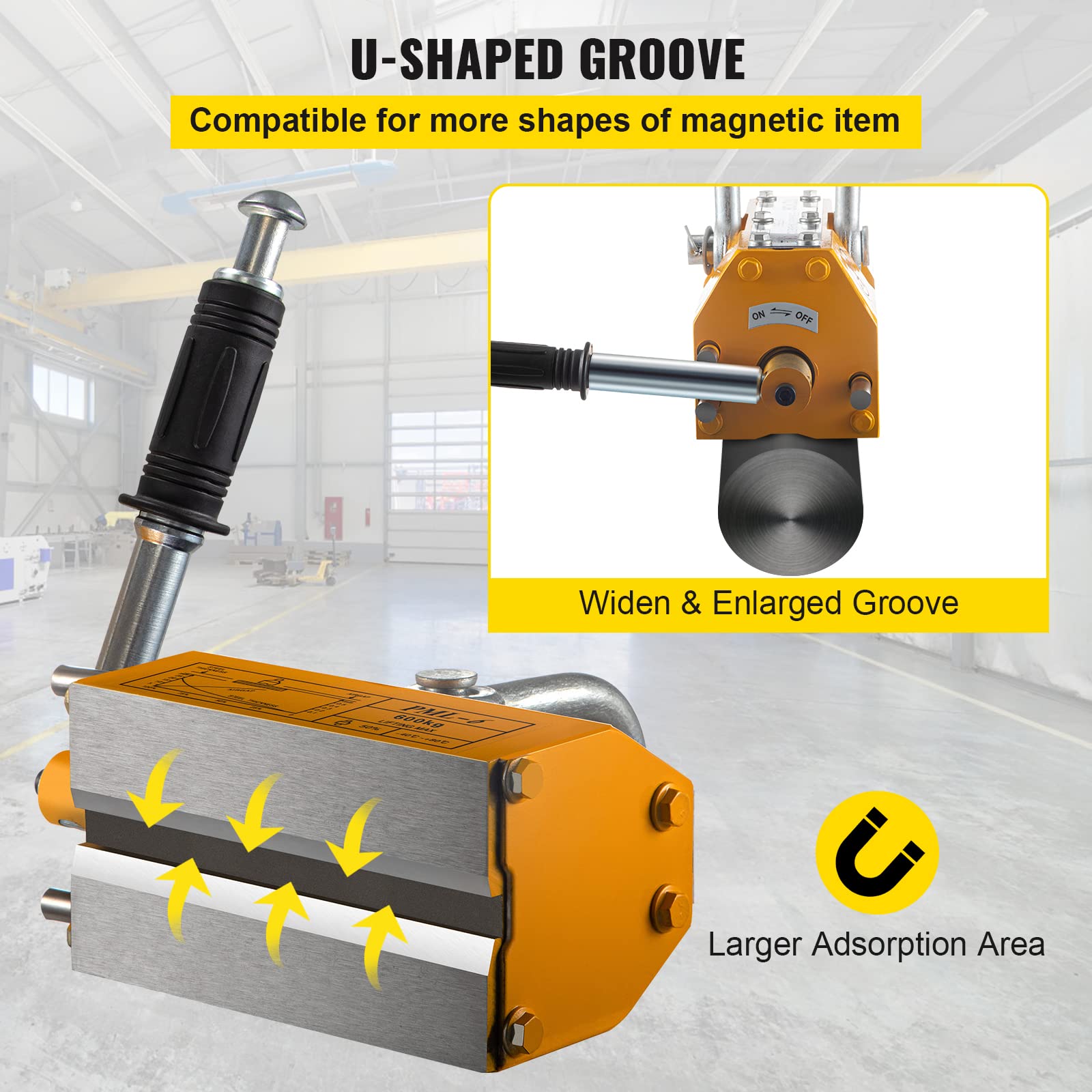VEVOR 1320lbs Magnetic Lifter - 600KG Permanent Lifting Magnet with Handle for Steel & Metal Equipment - Heavy Duty Shop Crane for Material Handling - Ideal for Construction, Warehouses & Manufacturing
