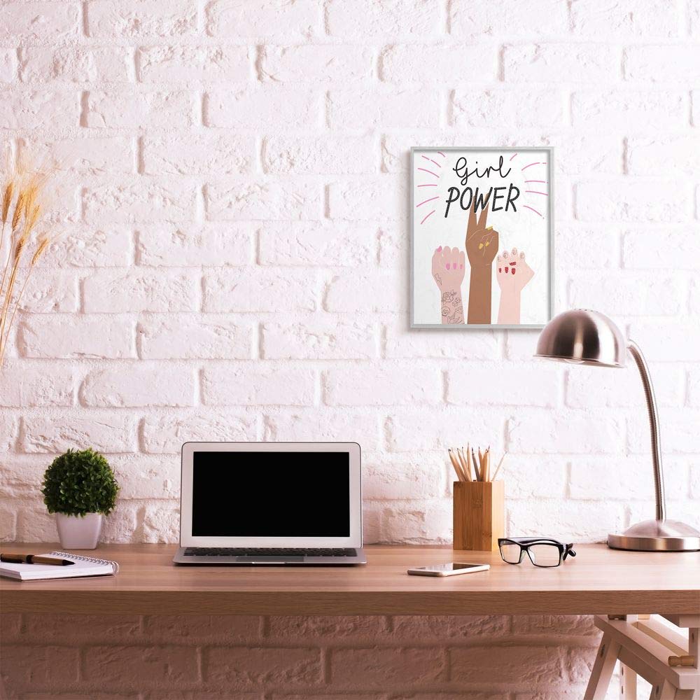 Girl Power Motivational Wall Art with Raised Fist Design - 16x20 Inch White Framed Poster - Inspirational Home & Office Decor for Women Empowerment