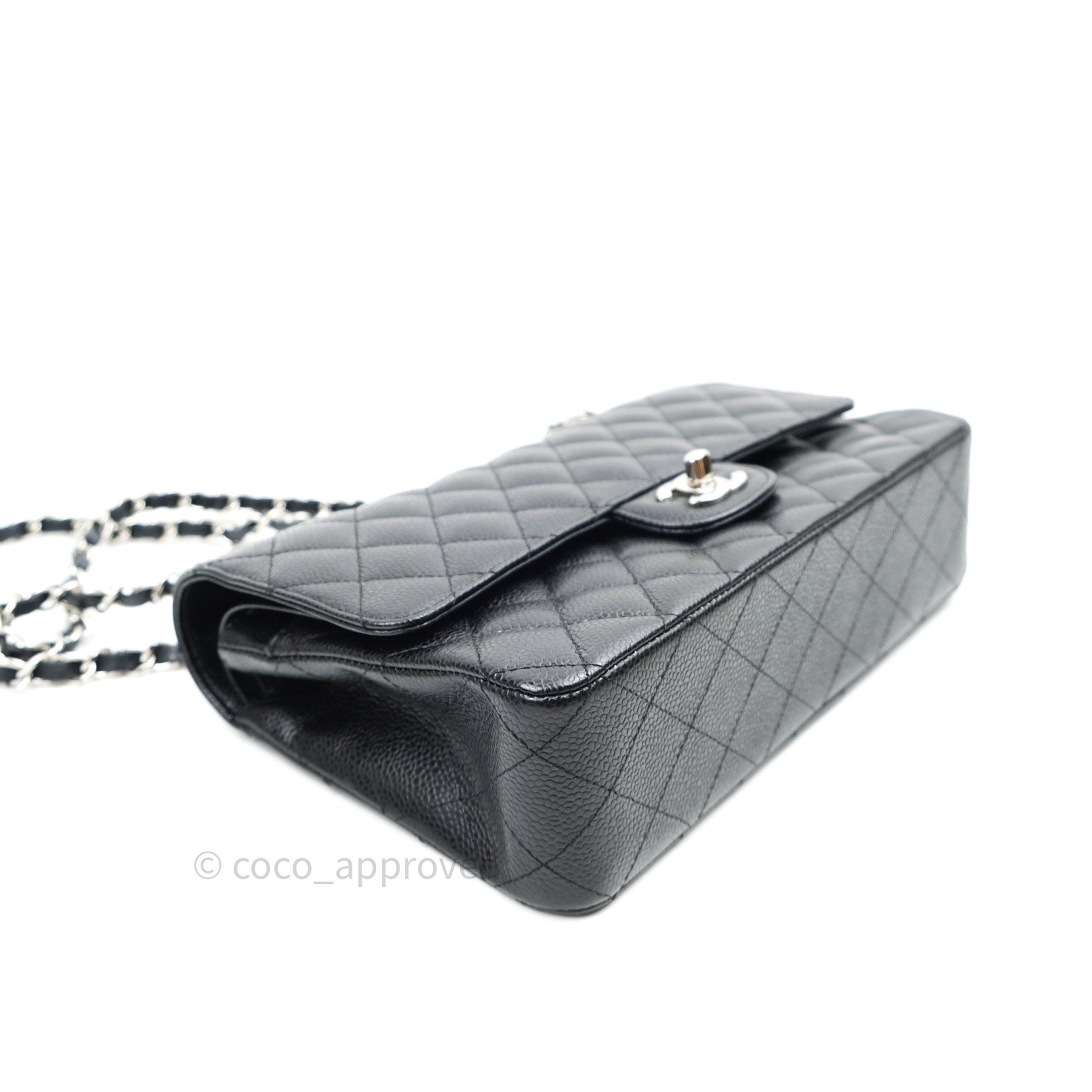 Chanel Classic Double Flap M/L Black Caviar Leather Bag with Silver Hardware - Luxury Designer Handbag for Women, Perfect for Work, Evening & Special Occasions