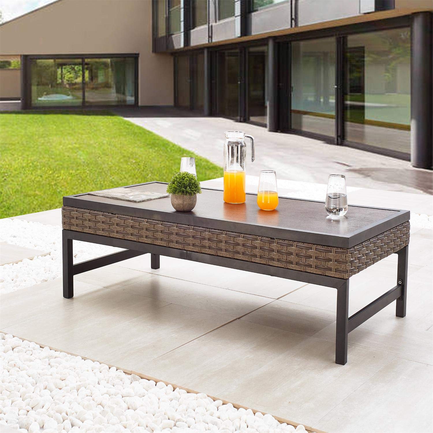 **PE Wicker Coffee Table - Outdoor Brown Metal Rattan End Table for Patio, Garden, Deck & Pool - Weather-Resistant Tea Table Furniture for Relaxing & Entertaining**