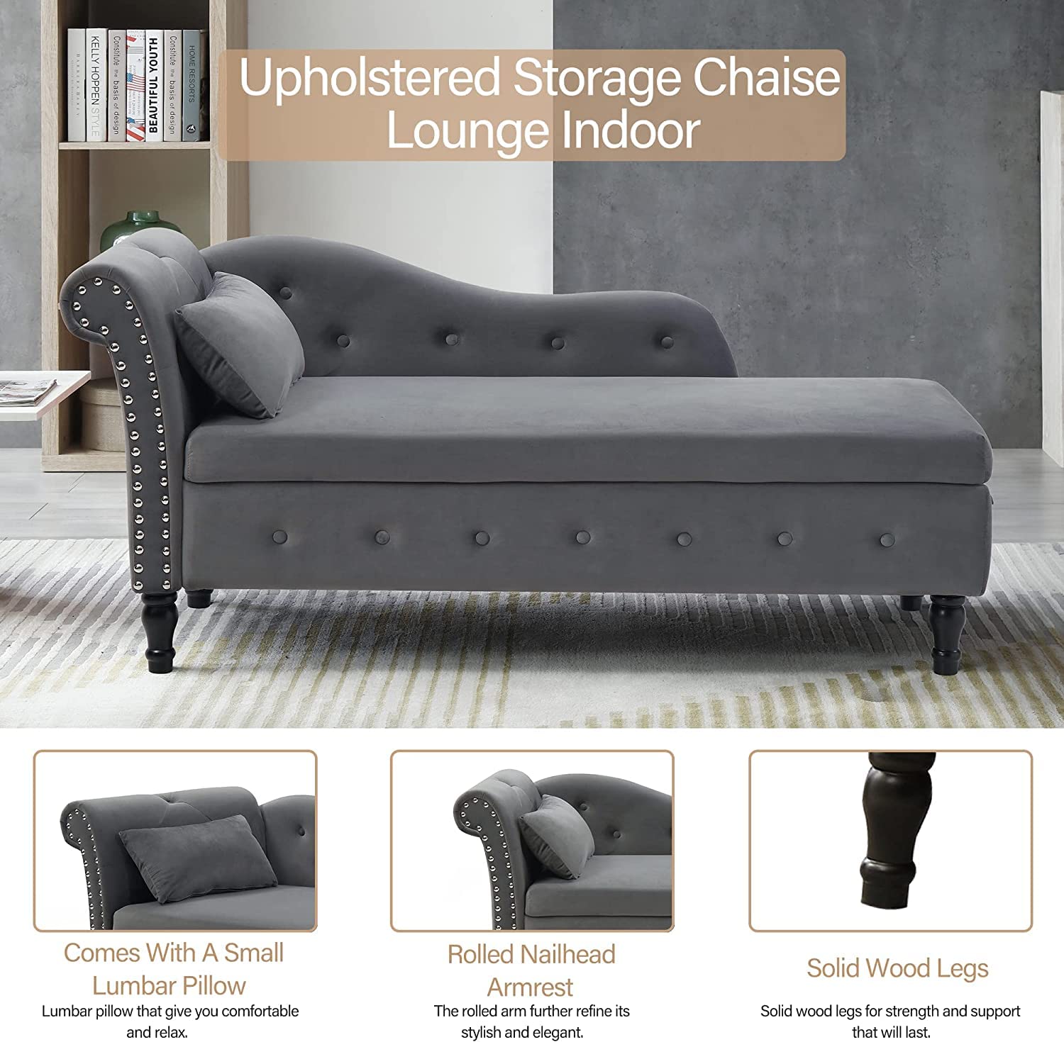 Anwick Modern Tufted Fabric Chaise Lounge Chair - Upholstered Recliner with Storage for Living Room & Bedroom | Sleeper Sofa in Grey | Perfect for Small Spaces, Home Theater & Reading Nook