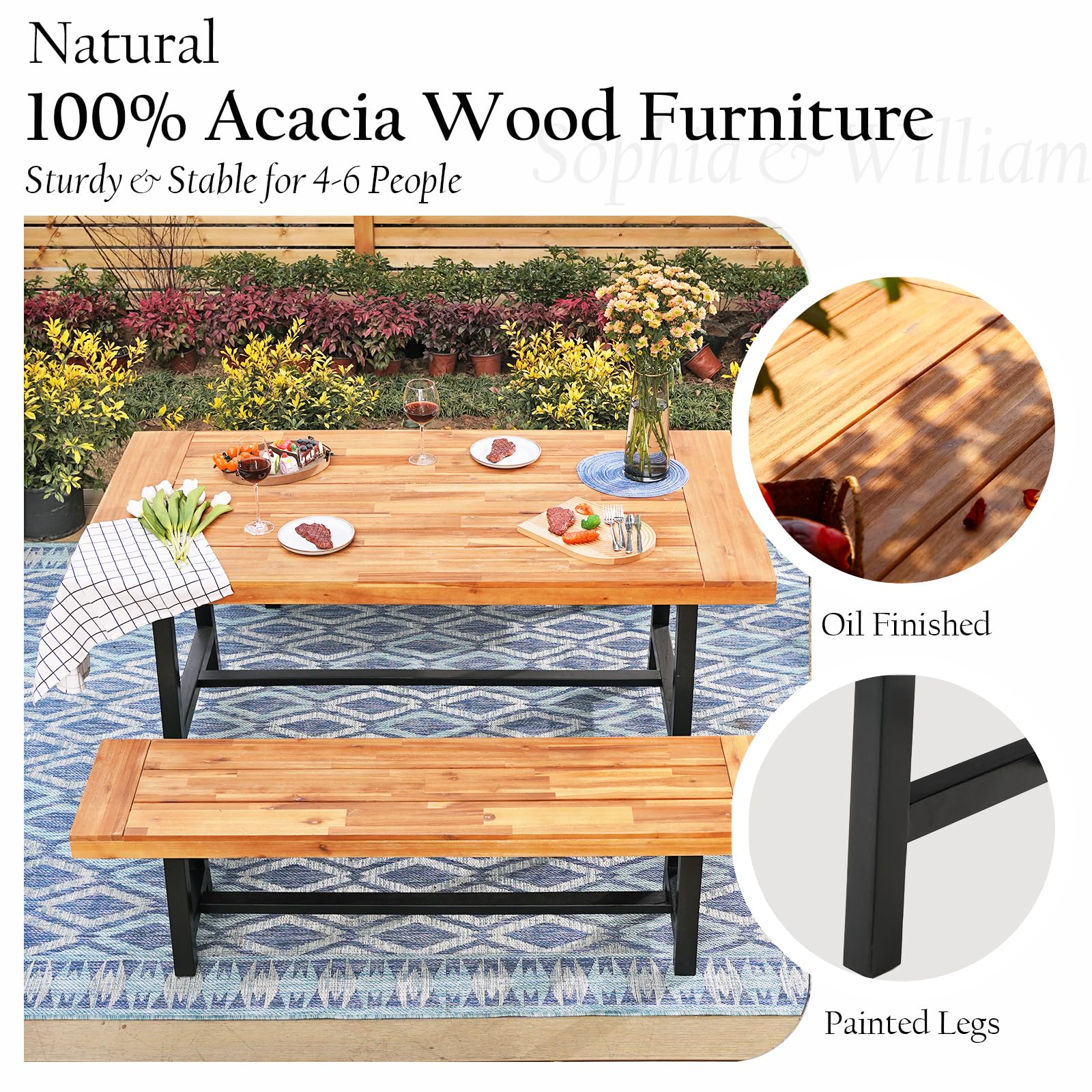 Sophia & William 6-Piece Outdoor Patio Dining Set with Wood Table, Rattan Chairs & Bench - Perfect for Backyard, Deck, Porch & Garden Gatherings | Durable Weather-Resistant Furniture for Outdoor Entertaining