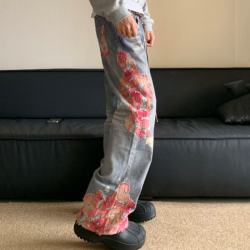 American Style High Street Denim Jeans for Men - Micro Horn Printing & Contrast Color Splicing | Trendy Streetwear Fashion | Perfect for Casual Outings, Parties and Urban Lifestyle
