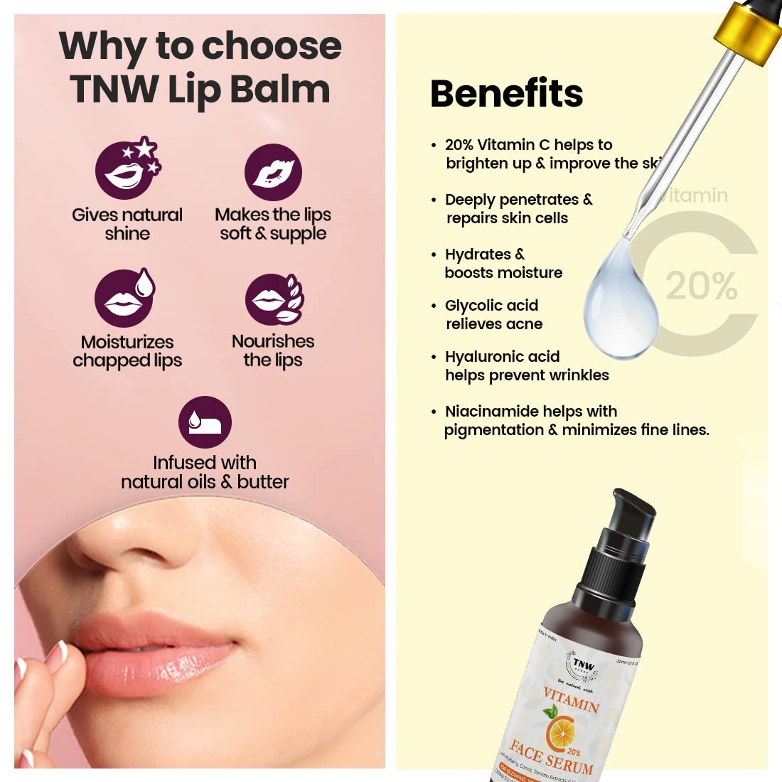 TNW THE NATURAL WASH Vitamin C Face Serum for Glowing Skin - Anti-Aging Brightening Serum with Beetroot Lip Balm | Essential Oils for Dry Chapped Lips | Perfect for Daily Skincare Routine & Nighttime Hydration