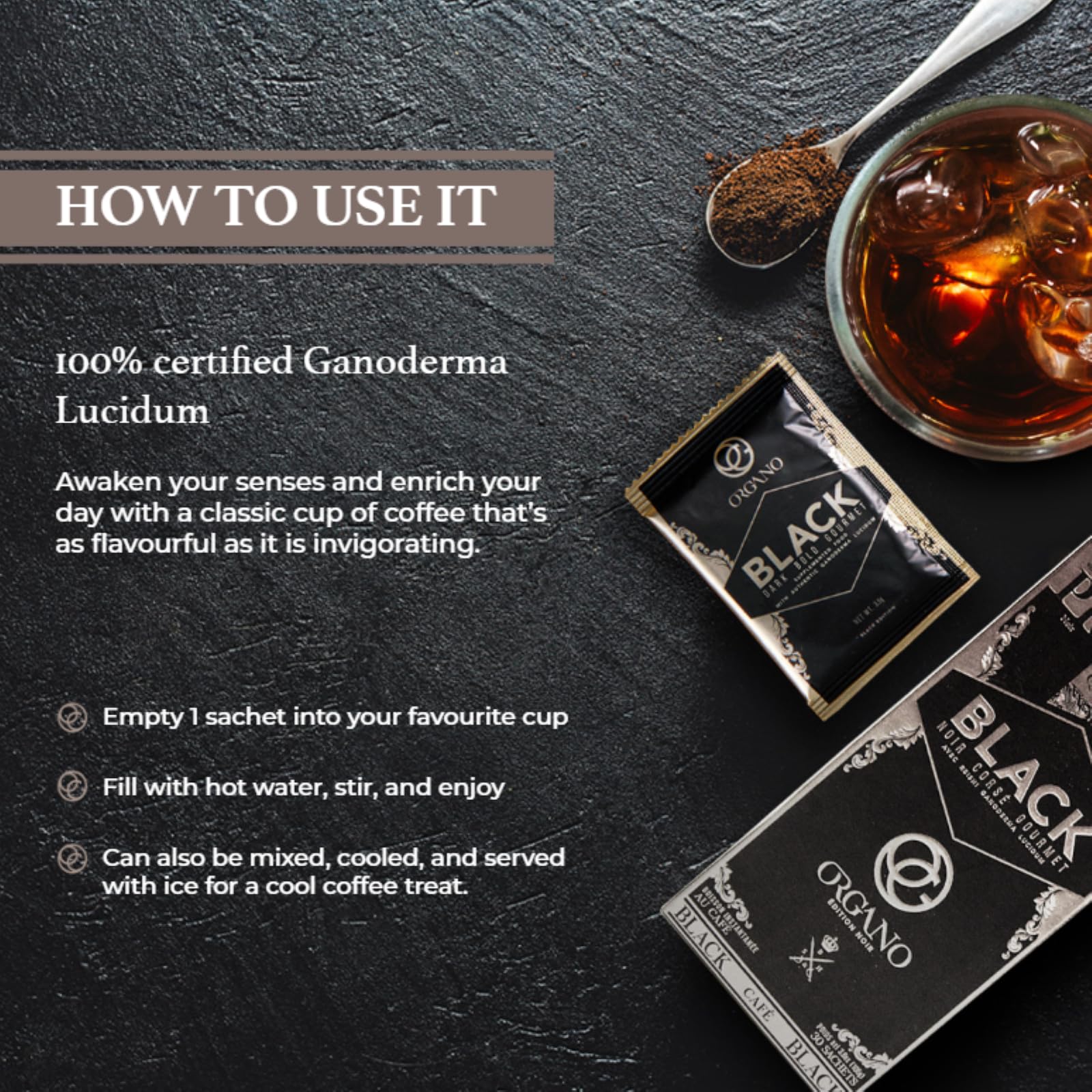 Organic Ganoderma Lucidum Mushroom Coffee - 3 Boxes (90 Sachets) | 100% Certified Organic Black Coffee with Reishi Mushroom | Perfect for Morning Boost, Office Energy & Healthy Lifestyle