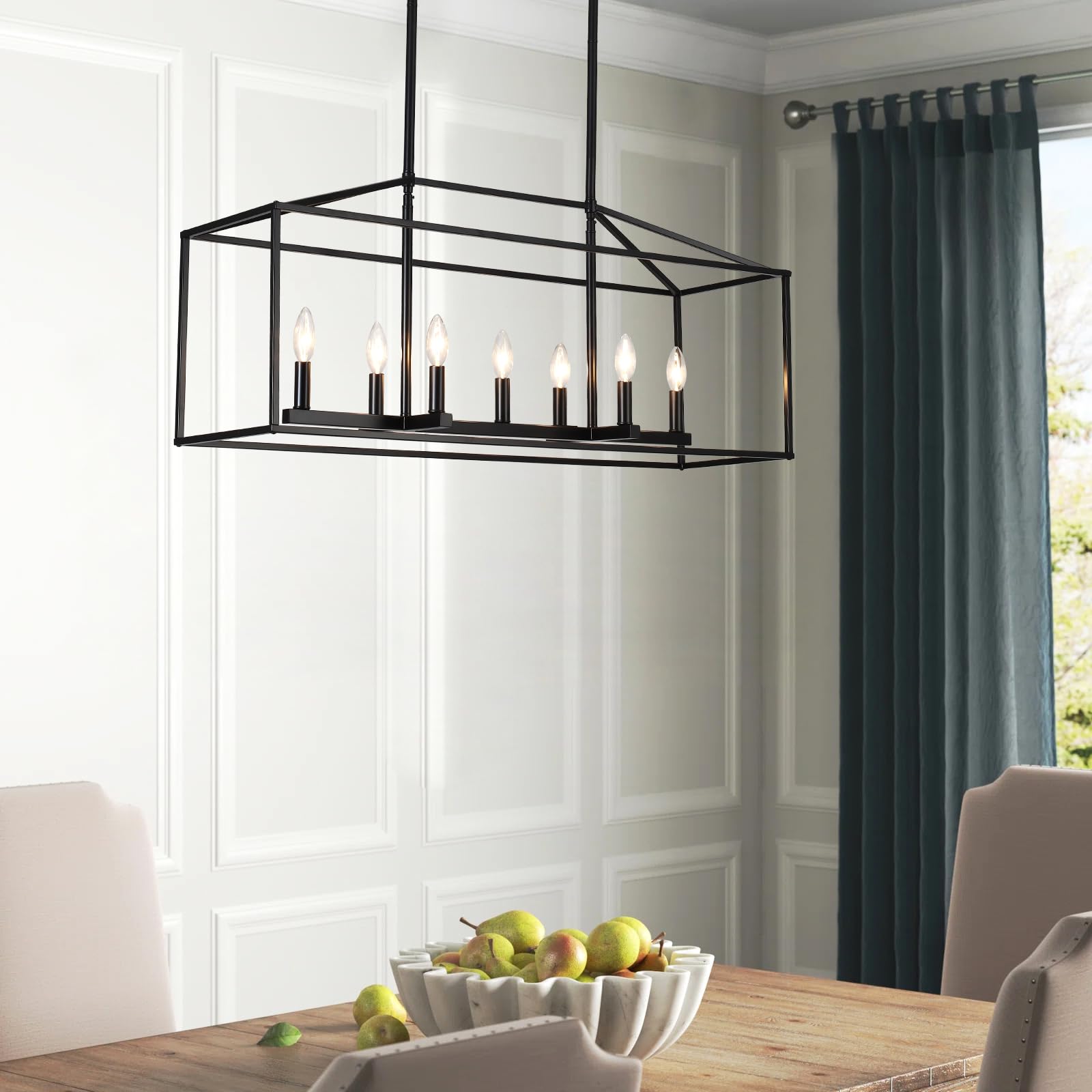 Modern Farmhouse Chandelier - 7-Light Kitchen Island Pendant Light with Adjustable Height, Matte Black Finish, Rectangle Design for Dining Room | Rustic & Contemporary Lighting for Home Decor