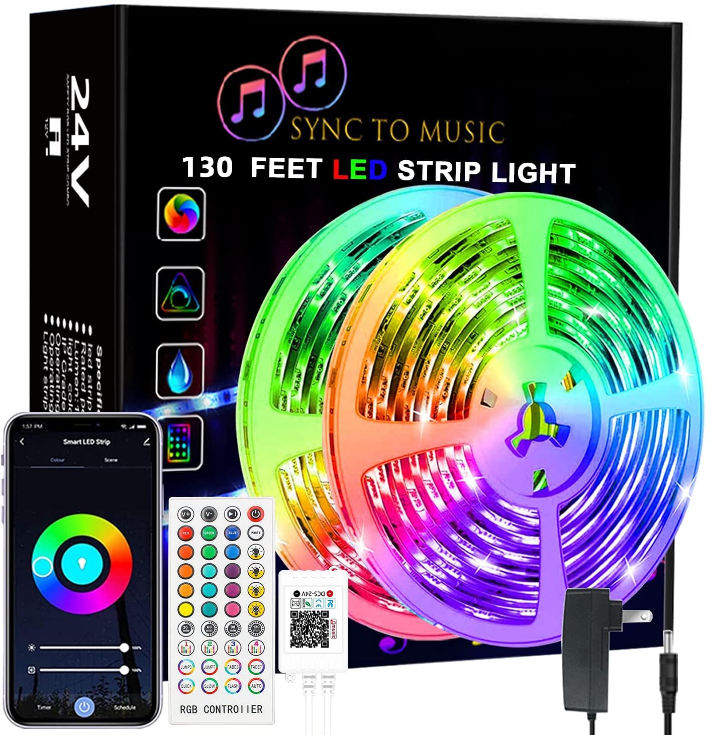 RUISHINE 130ft LED Strip Lights (2 Rolls of 65ft) - Smart RGB Color Changing Lights with App Control & Music Sync for Bedroom, Party, Home Decoration - Perfect for Mood Lighting, Gaming Setup, and Holiday Decor