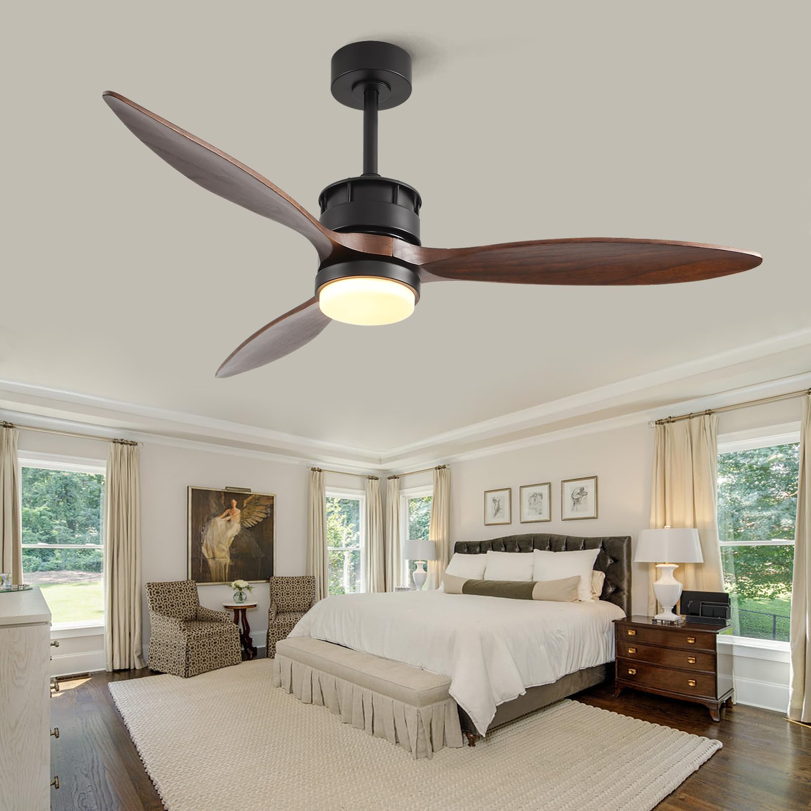 BOJUE 60 Inch Black Ceiling Fan with Lights and Remote Control - 3 Walnut Wood Blades, Modern Farmhouse Style - Perfect for Living Room, Bedroom, Study and Office Spaces