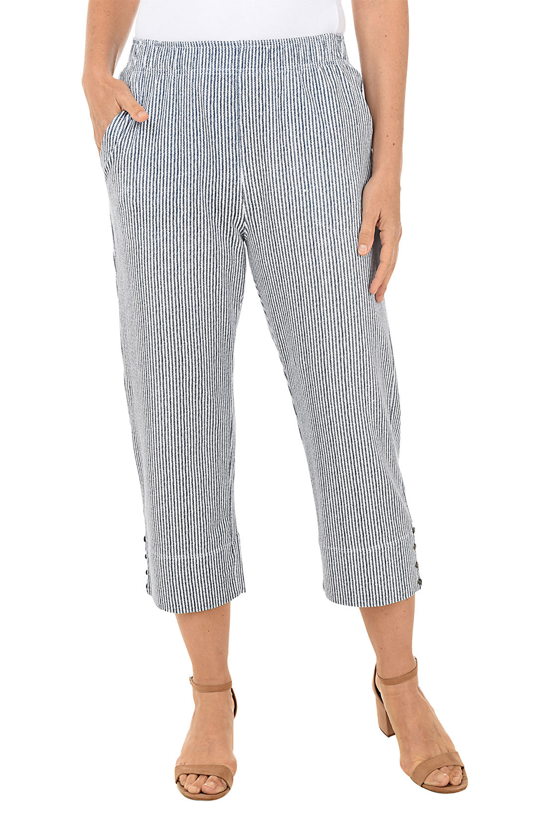 Stylish Railroad Stripe Pull-On Capri Pants for Women - Comfortable Stretchy Casual Lounge Pants for Yoga, Travel & Everyday Wear