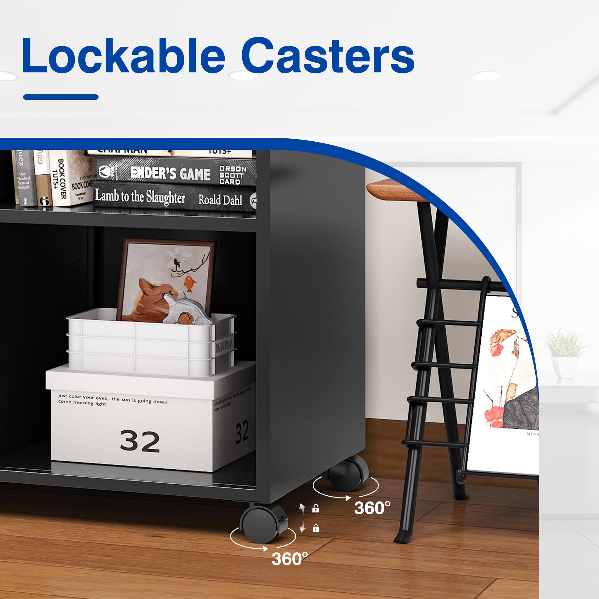 2-Drawer Mobile File Cabinet with Lock - Lateral Filing Cabinet & Printer Stand with Open Storage Shelves for Home Office (Black, Left Drawer) - Perfect for Organizing Documents, Office Supplies & Printer Equipment in Small Spaces
