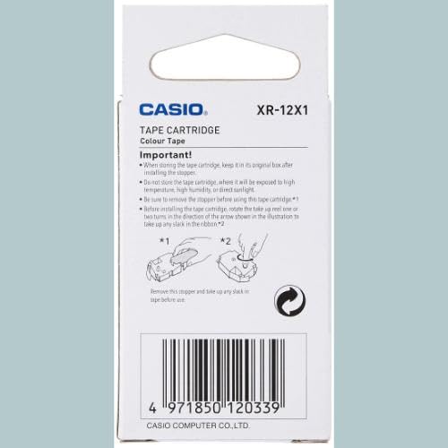 CASIO XR-12X1 EZ-Label Printer - 12mm x 8m Black on Clear Self-Adhesive Label Tape for Office, Home & Retail Organization - Compatible with XR-12 Series Label Makers