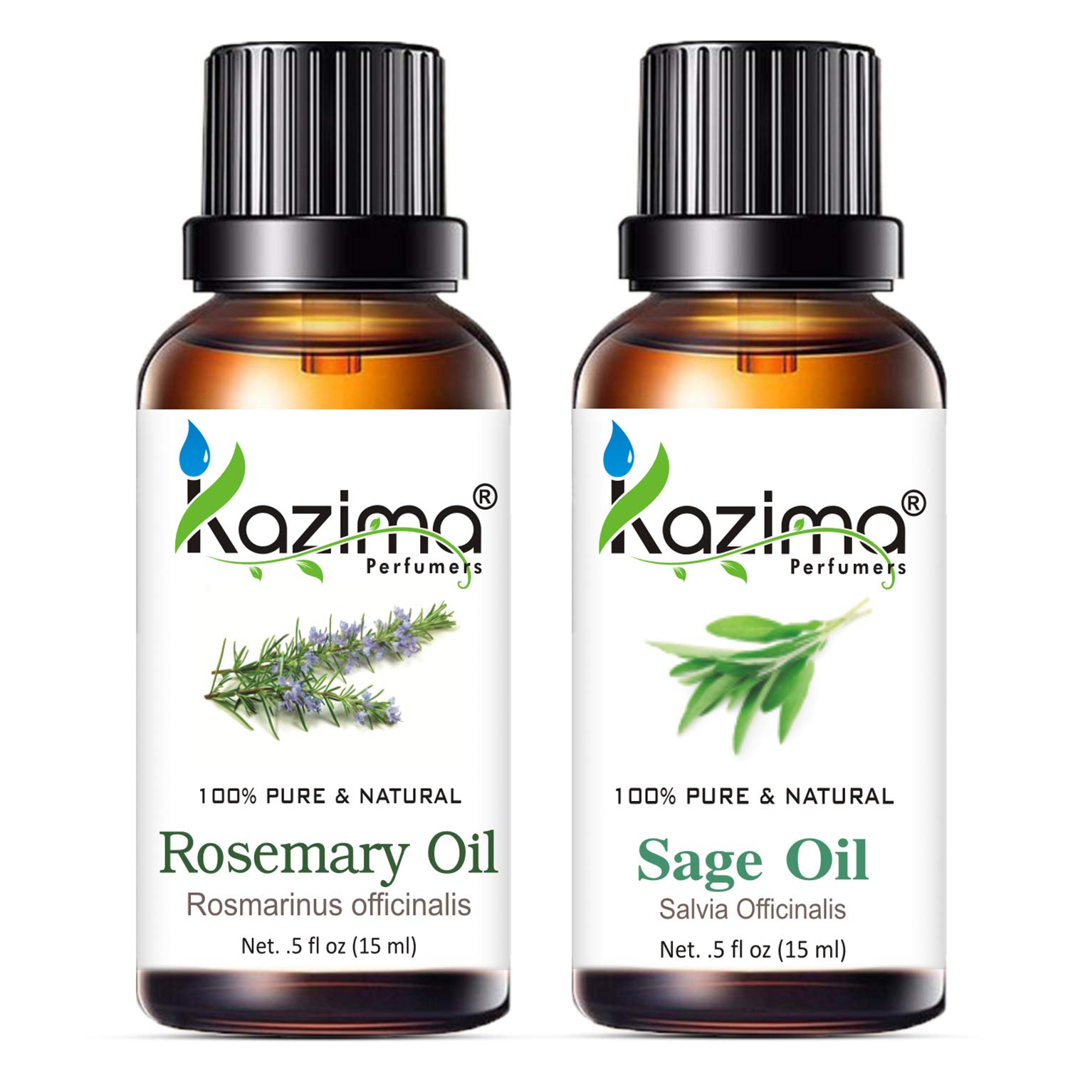 KAZIMA Rosemary Oil & Sage Oil Combo - 100% Pure Essential Oils for Hair Growth, Skin Care, Aromatherapy, Body & Massage (15ml Each) - Perfect for DIY Beauty, Relaxation & Spa Treatments