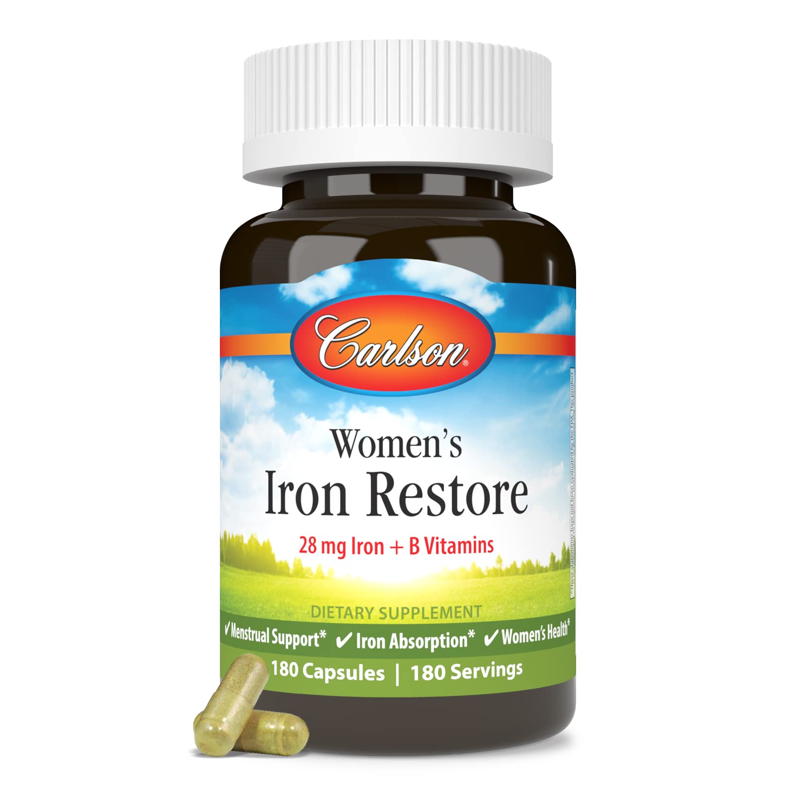 Carlson Women's Iron Restore Supplement - 28mg Iron with B Vitamins for Menstrual Support, Iron Absorption & Women's Health - 180 Capsules - Supports Energy & Vitality During Periods & Pregnancy