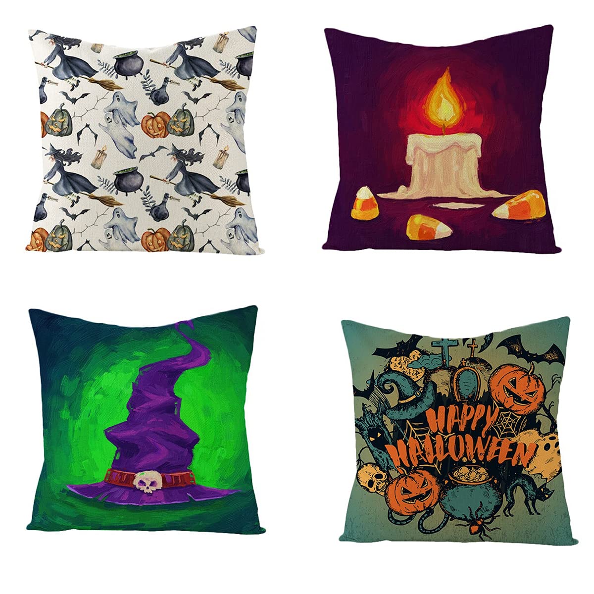 4-Piece Halloween Pumpkin Ghost Witch Print Pillowcase Set - Spooky Cushion Covers for Bed, Sofa & Car Decor - Perfect for Halloween Home Decor & Party Accessories