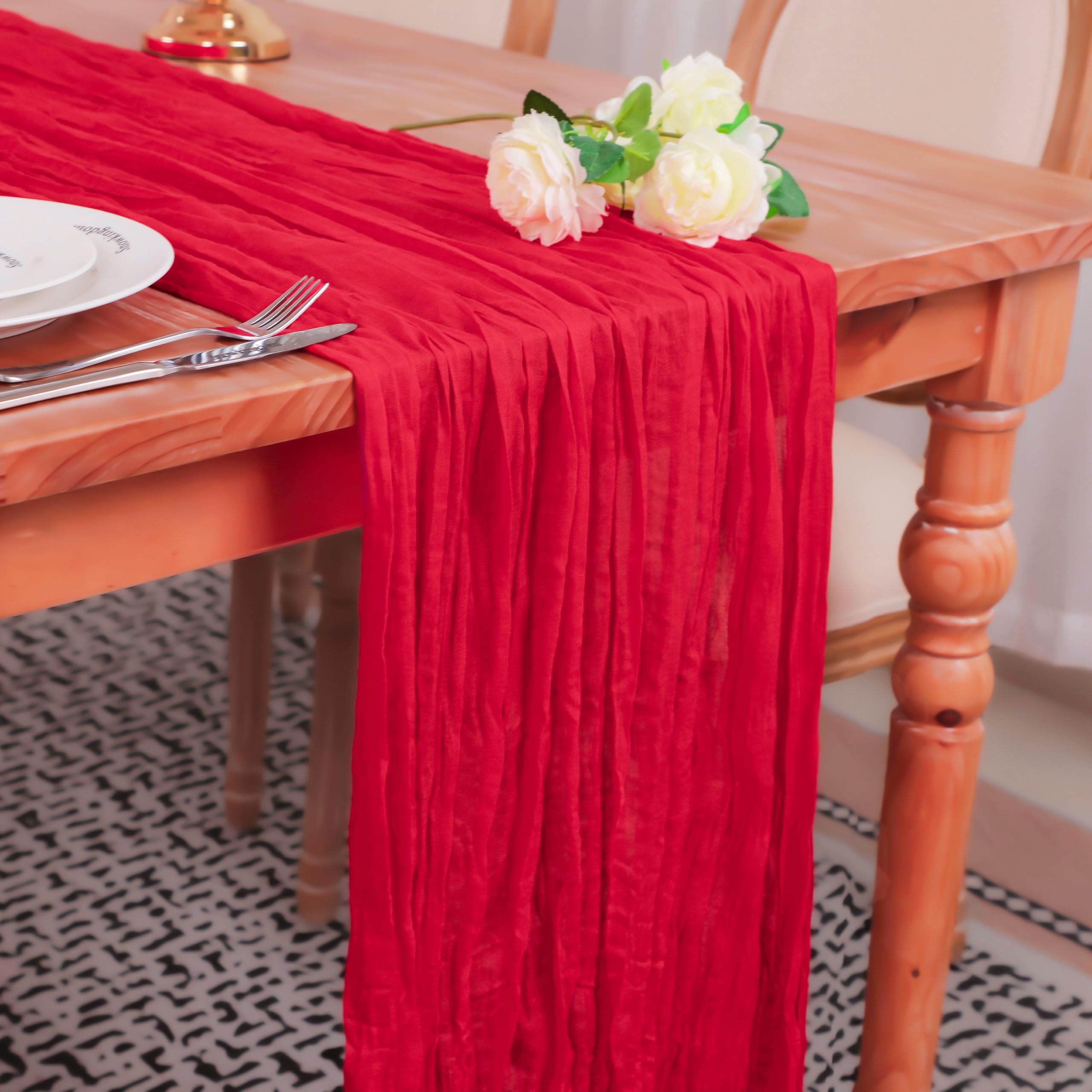 Snowkingdom 13Ft Red Cheesecloth Table Runner - 160 Inch Long Boho Gauze Tablecloth for Weddings, Bridal Showers, Baby Showers & Birthday Parties | Elegant Sheer Table Decor for Rustic, Vintage & Bohemian Home Decor