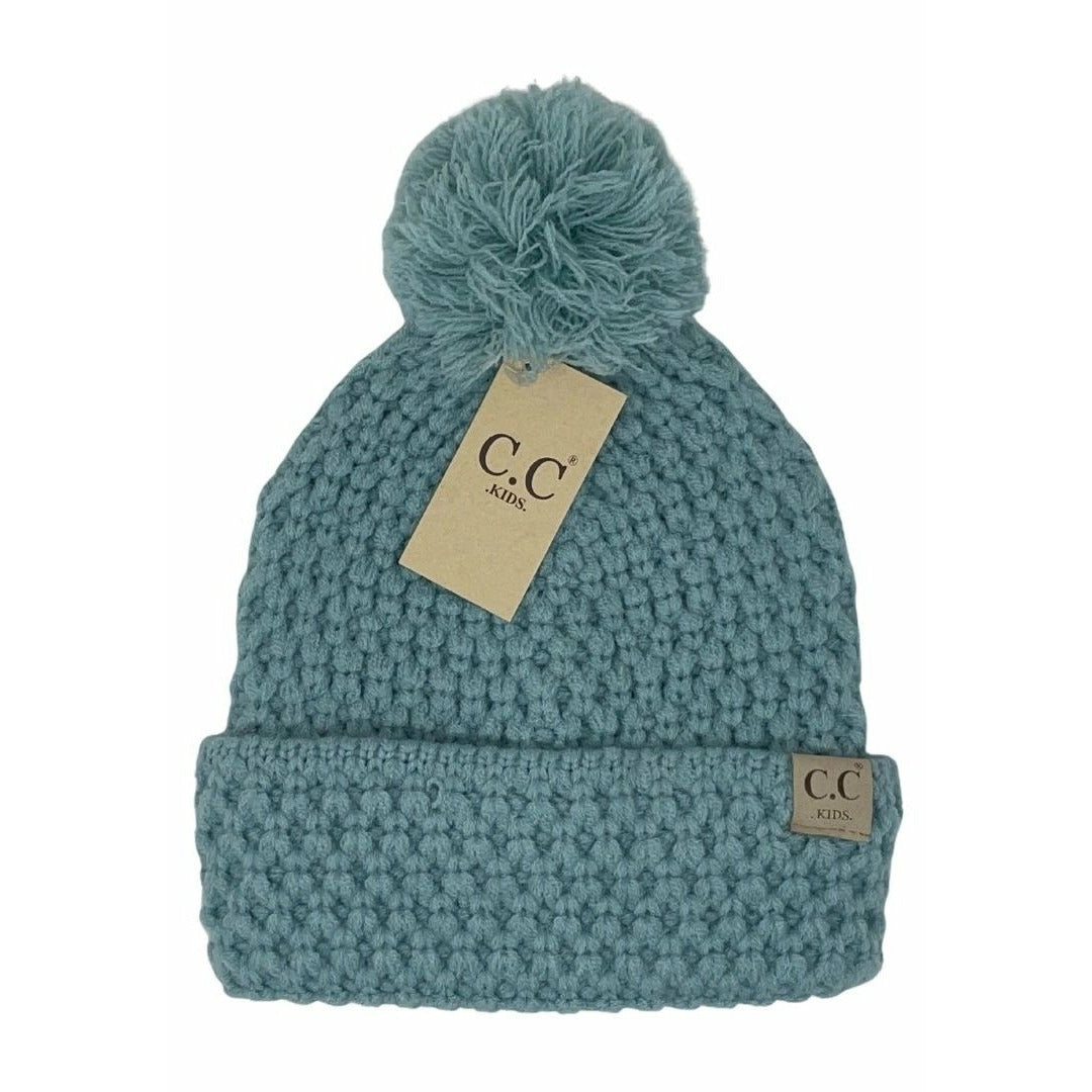 Bee Stitch Knit Pom C.C Beanie - Winter Mint Green Slouchy Hat for Women - Cozy Winter Accessory for Outdoor Activities, Skiing and Snowboarding