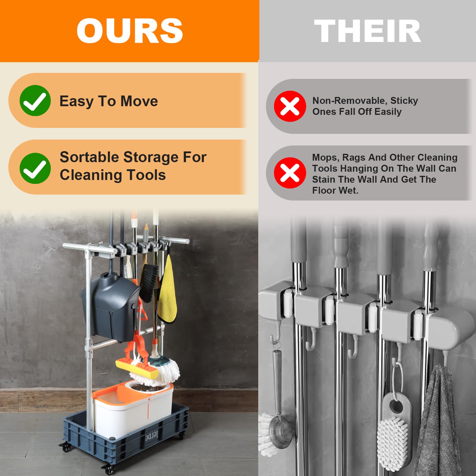 JGLDG Wall Mounted Mop and Broom Holder - Space Saving Cleaning Tool Organizer with Strong Adhesive for Kitchen, Bathroom & Garage Storage