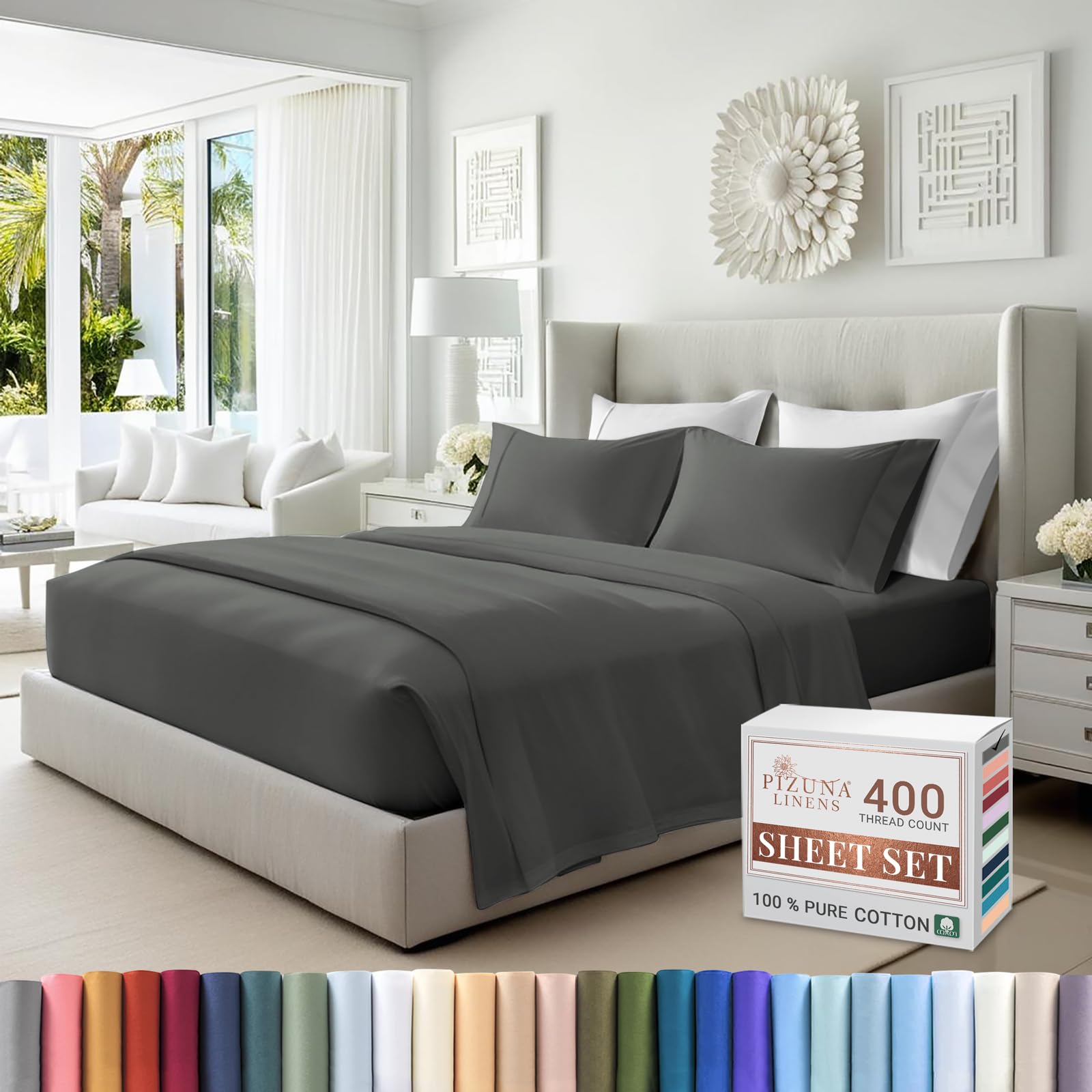 Pizuna Pure 100% Cotton King Size Sheets - 400 Thread Count Long Staple Sateen Weave with 15