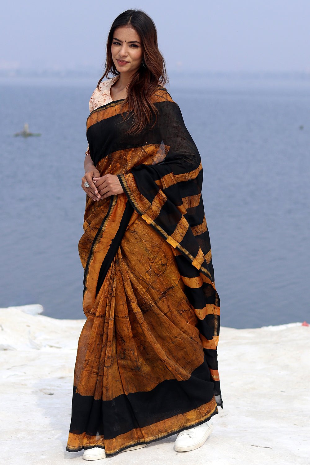 Ginger Rush Batik Chanderi Saree - Handmade Indian Traditional Silk Saree for Women | Perfect for Weddings, Parties & Festive Occasions