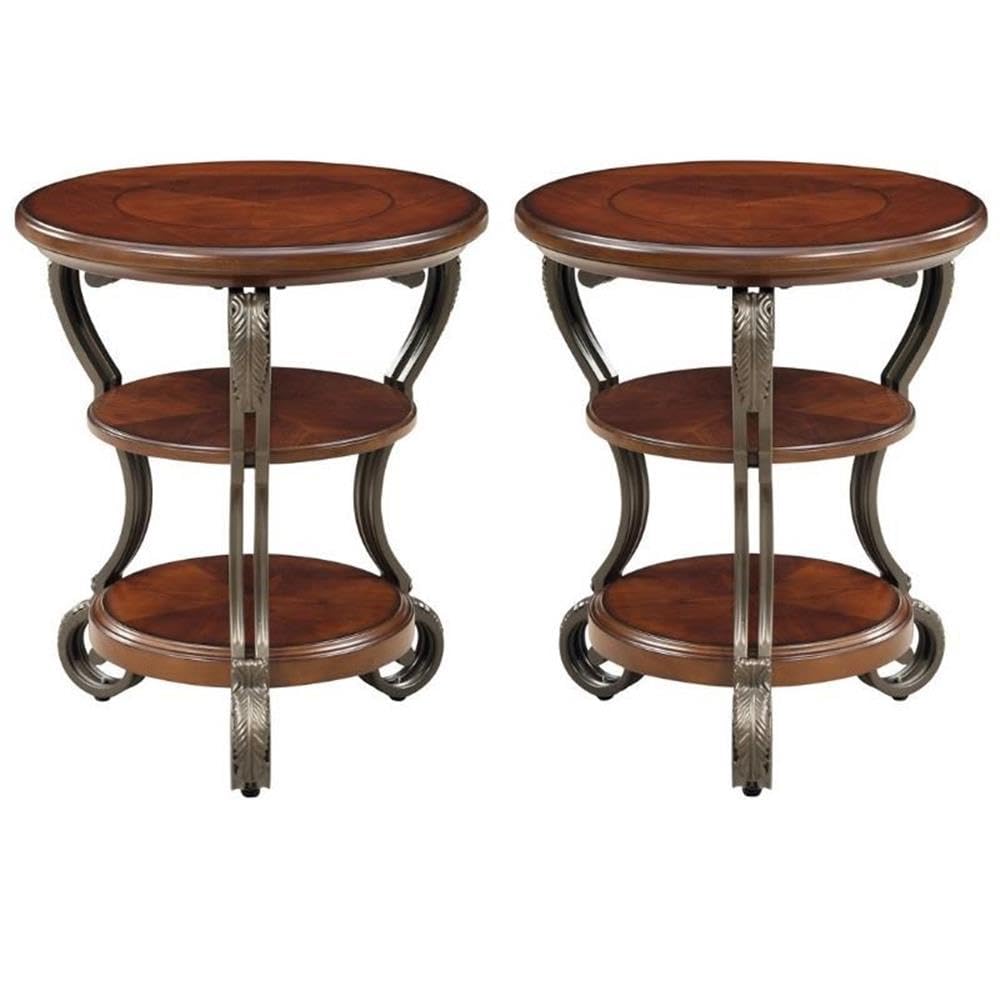 Home Square Azea Traditional Wood 2-Shelf Side Table - Set of 2 Brown Cherry End Tables for Living Room, Bedroom & Office Decor